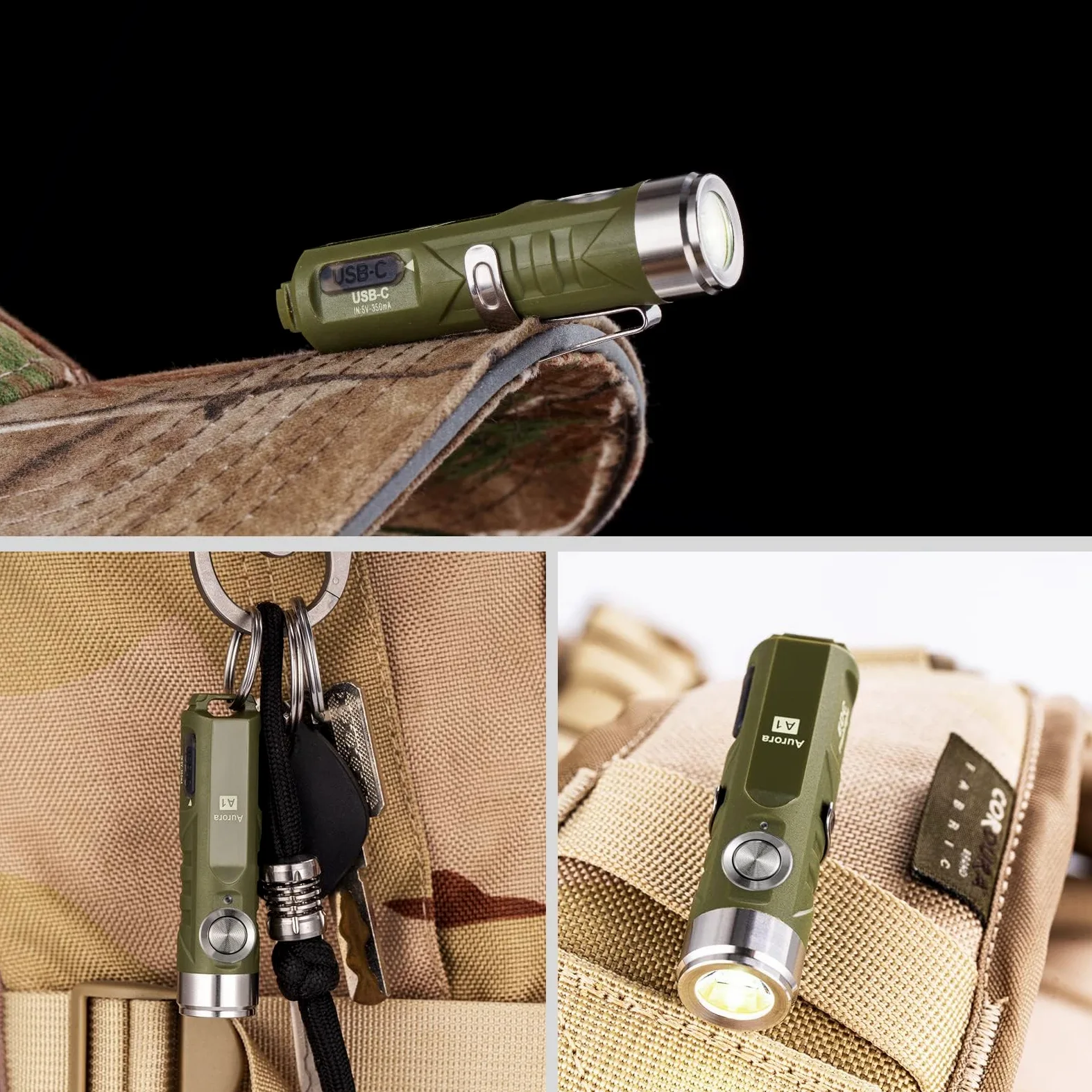RovyVon Torcia ricaricabile EDC A1 Gen 4, 650 lumen, super luminosa, mini portachiavi, torce per il trasporto quotidiano, campeggio, Ringraziamento (verde militare)