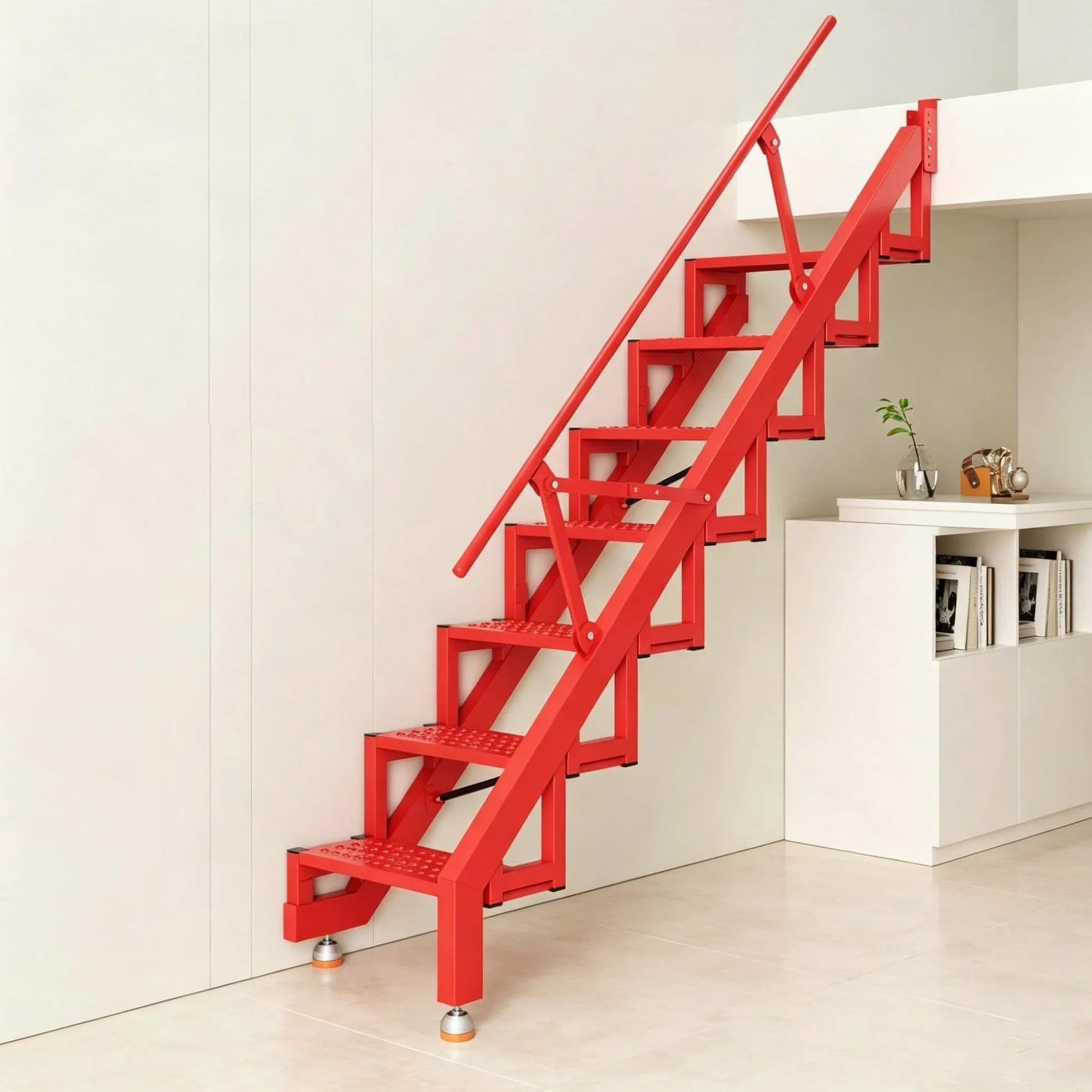 Scala retrattile pieghevole per soppalco, scala di emergenza per mansarda | Acciaio al carbonio, portata 150 kg, gradini larghi antiscivolo per dormitori camere da letto magazzini(Red,5 steps)