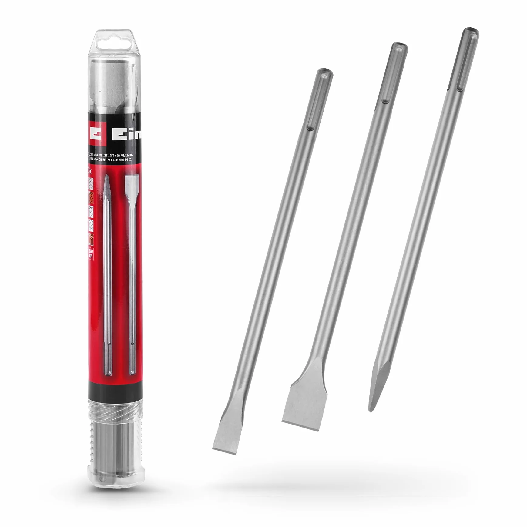 Originale Einhell set di scalpelli SDS Max da 3 pezzi, 400 mm (scalpello a punta, scalpello piatto da 25 mm, scalpello a vanga da 40 mm, acciaio 40 Cr, per lavori di demolizione e ristrutturazione)