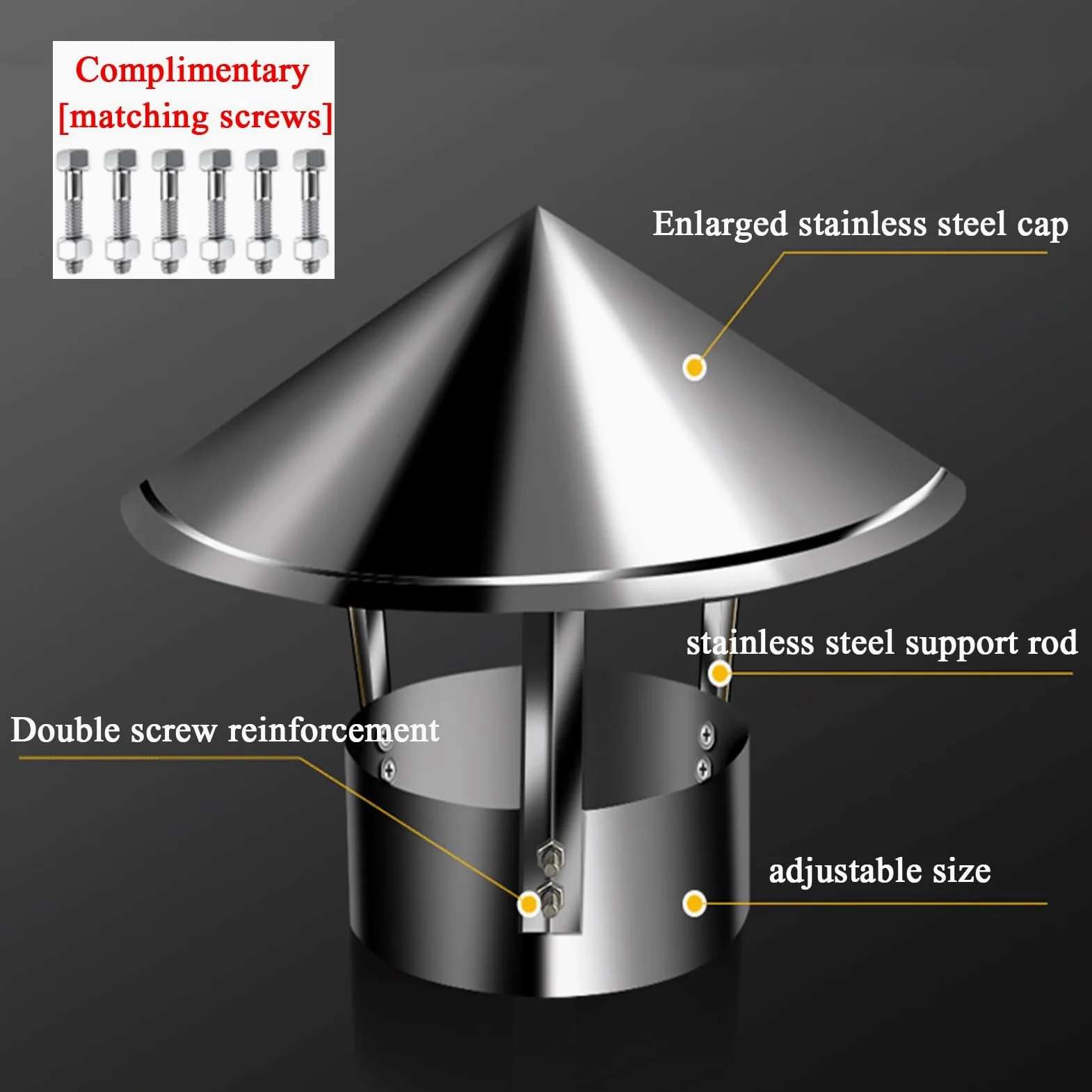 Comignolo Tondo in Acciaio Inox, Cappuccio di sfiato Conico Resistente alle intemperie, Copertura Isolante in Acciaio zincato Resistente, 27 cm x 45 cm, Perfetto per Tutte Le Condizioni Atmo
