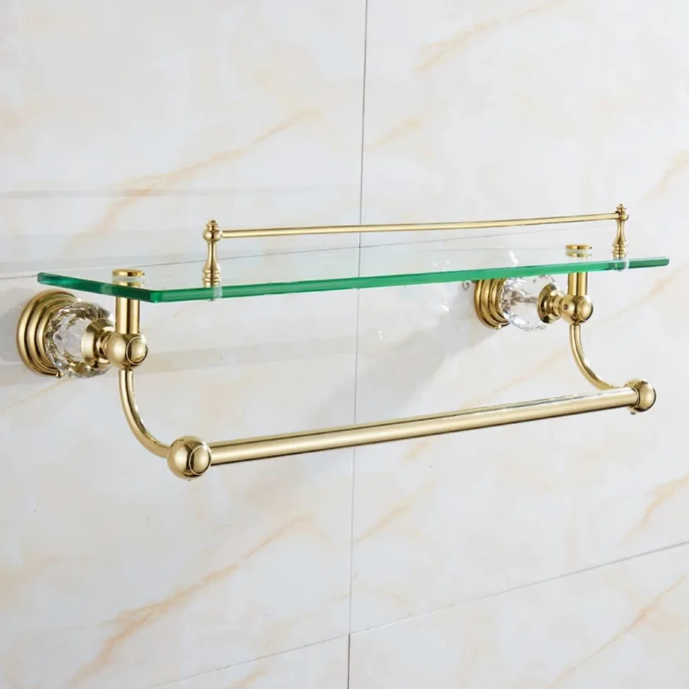 Mensola da bagno in vetro temperato trasparente con barra portasciugamani a 12 strati rettangolare da parete, può contenere 9,1 kg, dimensioni: 50 x 16 cm, elegante finitura trasparente e oro