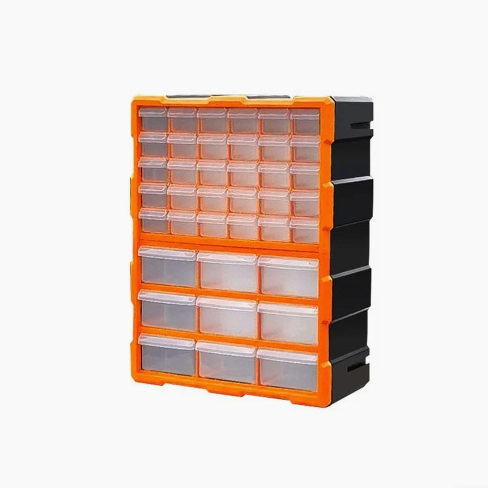 Scatola organizer in plastica resistente con 18 scomparti per piccoli attrezzi e elementi di fissaggio, con coperchio trasparente per una facile visibilità e struttura impilabile per risparmiare