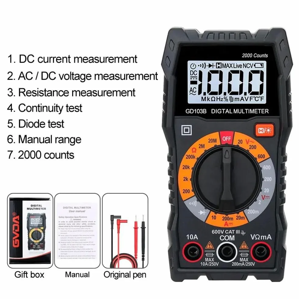 TsoLay Multimetro Digitale, Voltmetro CA CC, Tester di Tensione diodi per Test di continuità con Custodia, Letture Accurate Ohm Volt Amp, per Presa Domestica, Test Batteria per Autoveicoli