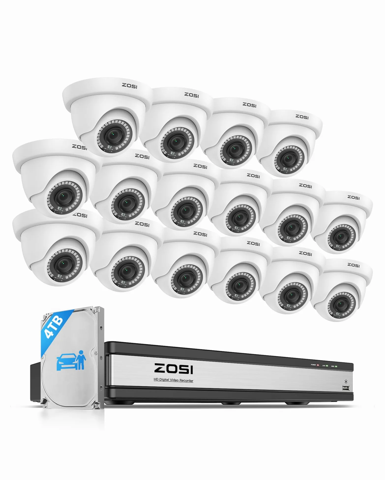 ZOSI 1080P 16CH Kit Telecamere di Sorveglianza H.265+ Registratore DVR Sistema con 4TB HDD, 16 Telecamere CCTV per Esterno/Interno con Cavo BNC, Visione Notturna, Rilevamento AI di Persona/Veicolo