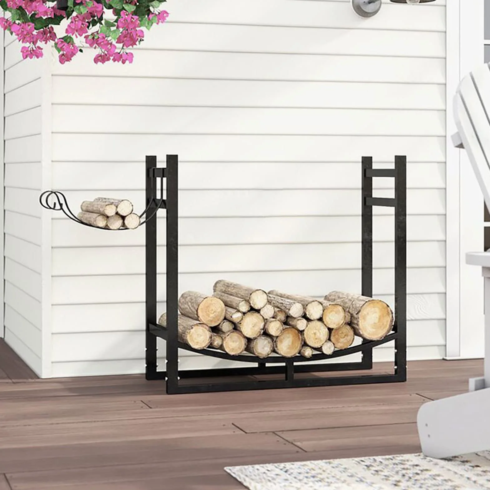 Portalegna da ardere in metallo resistente nero, scaffale per legna da ardere alto 78 cm, ripiano per accessori per caminetto da esterno, resistente alla ruggine, facile da montare