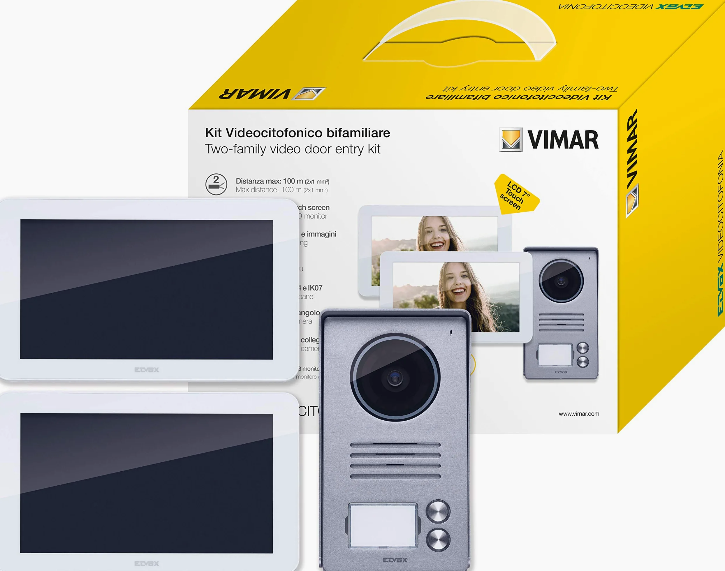 Vimar K40936 Kit di ingresso video bifamiliare con: videocitofoni LCD a mani libere da 7 pollici, 1 pannello di ingresso audio/video a 2 pulsanti, 2 unità di alimentazione, con staffa di fissaggio