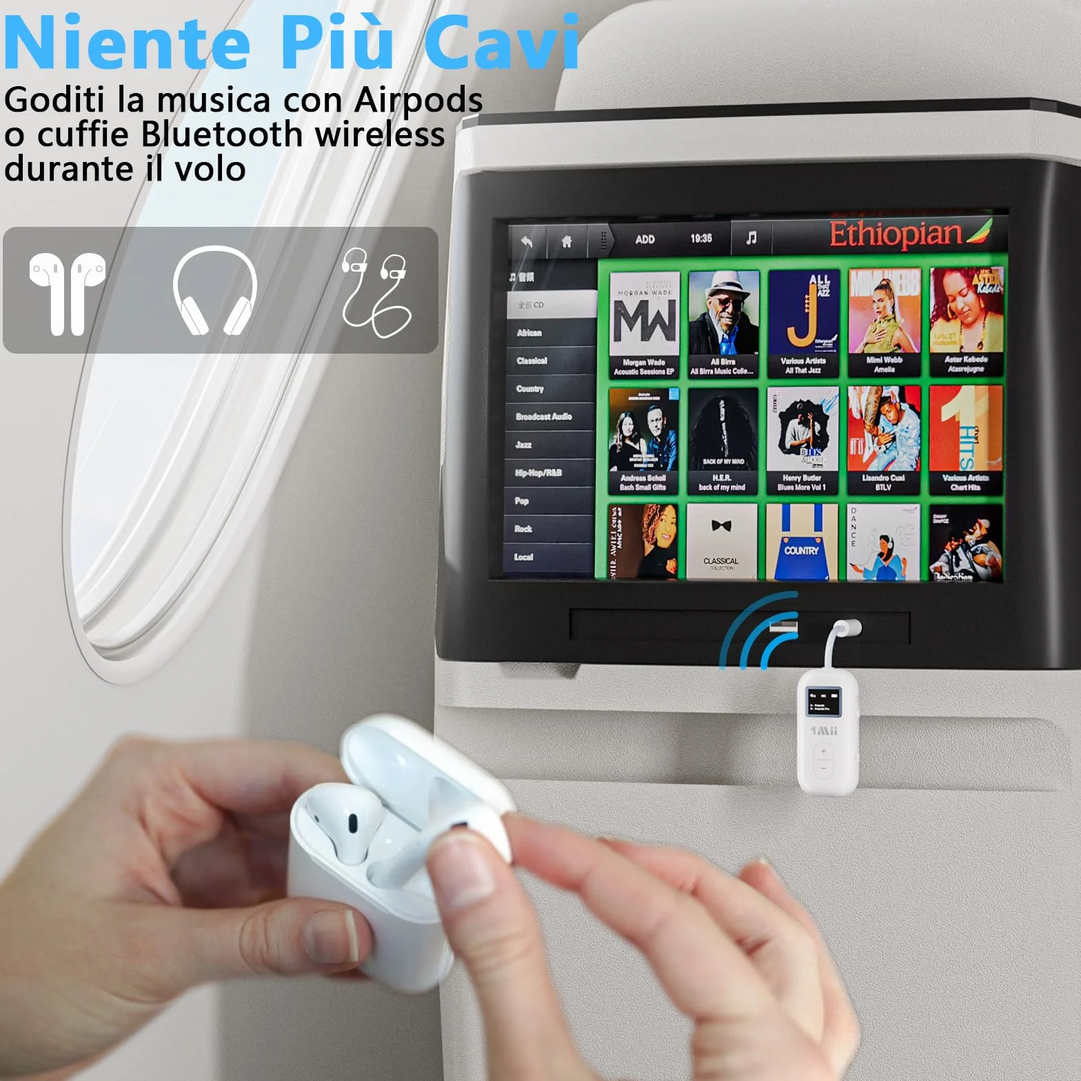 1Mii Adattatore Bluetooth 5.3 da Aereo per 2 Cuffie Wireless, Supporta Bassa Latenza & HD con Display, Trasmettitore Wireless Audio 3,5 Mm AUX da 25 Ore per Aereo, TV, Palestra - Solo Trasmettitore