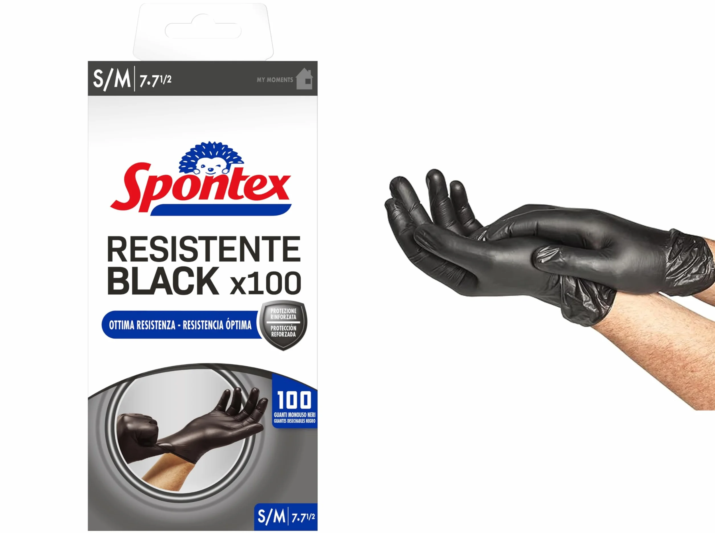 Spontex Guanti Monouso Nitrile Neri Resistente Black, 100 pezzi, Senza Lattice e Senza Polvere, taglia S/M