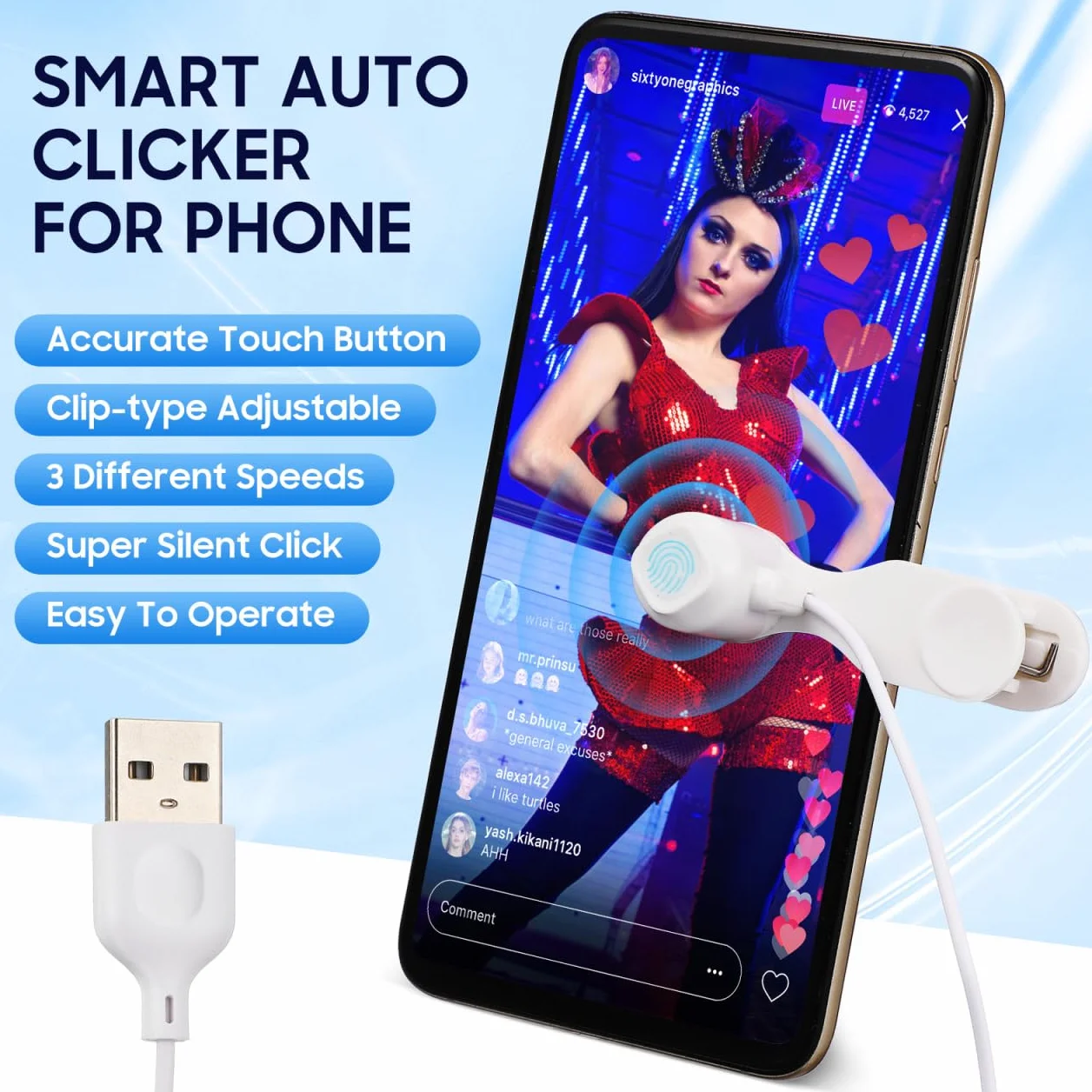 jojofuny Clicker automatico dello schermo per telefono: clicker USB per lo schermo del telefono cellulare per lo streaming live - Applicatore automatico universale per il clic delle dita per giochi