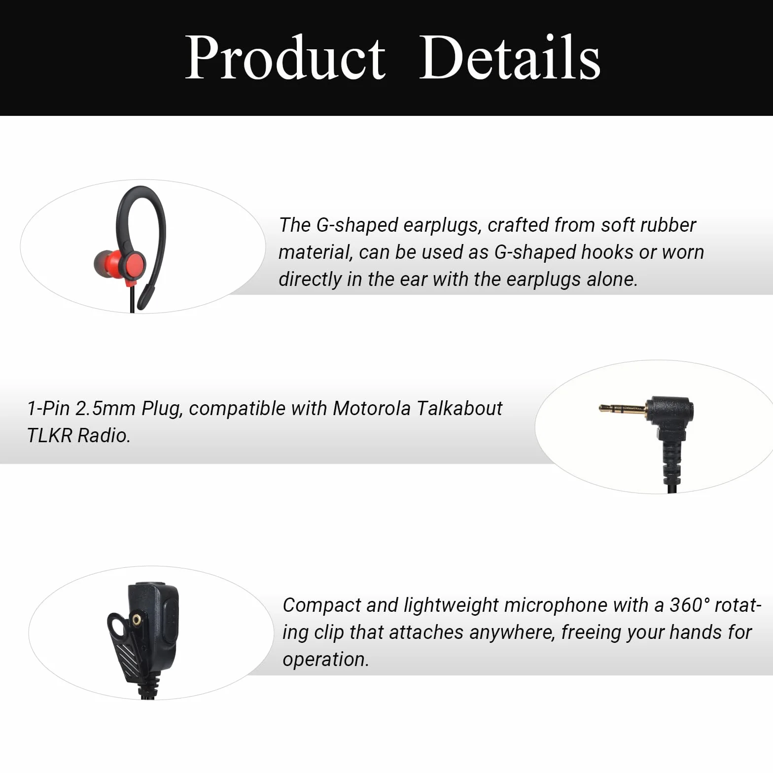 UAYESOK Auricolare radio per walkie talkie, a forma di G, con gancio morbido di sicurezza, con microfono PTT, per Motorola TLKR-T60 T61 T62 T80 T81 T82 T-92 H2O T80 Extreme T82 Extreme (confezione da