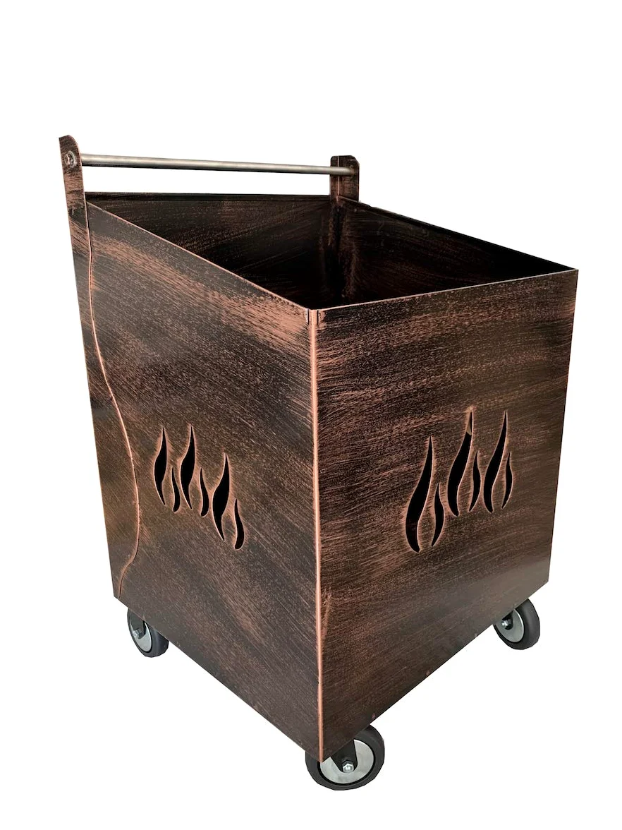 Carrello portalegna ferro battuto con fiamma 52x47x80h cm (SPAZZOLATO RAME)