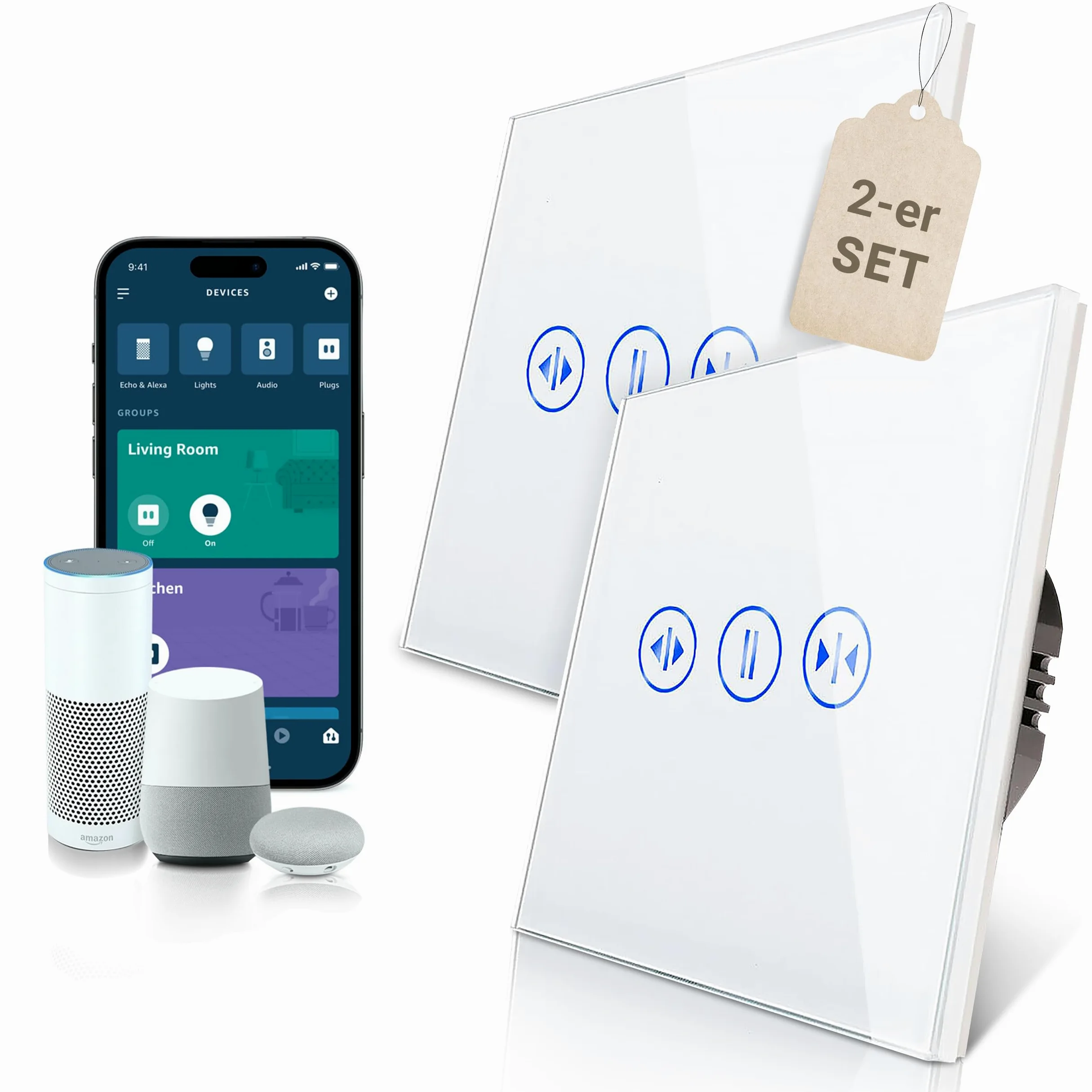 PULSAR Set di 2 interruttori per tapparelle Wi-Fi, compatibili con Alexa, Google Home, vetro bianco, interruttore per tapparelle WiFi Smart da incasso, 1 volto, interruttore per tapparelle WiFi Touch