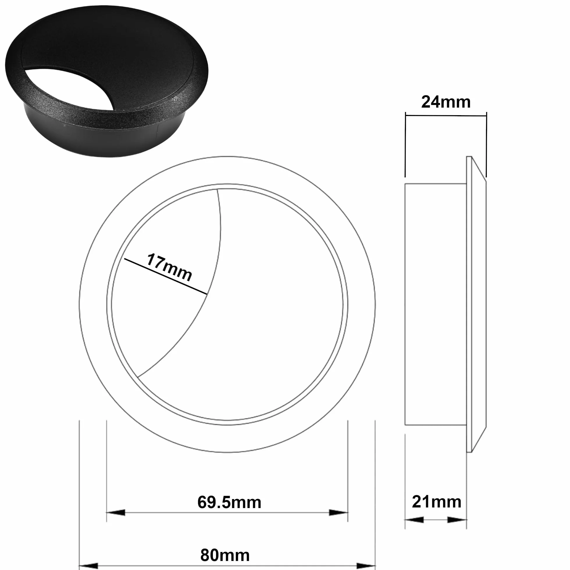 cyclingcolors 2x Passacavo plastica 70mm scrivania tondo guida per cavi elettrico (nero)