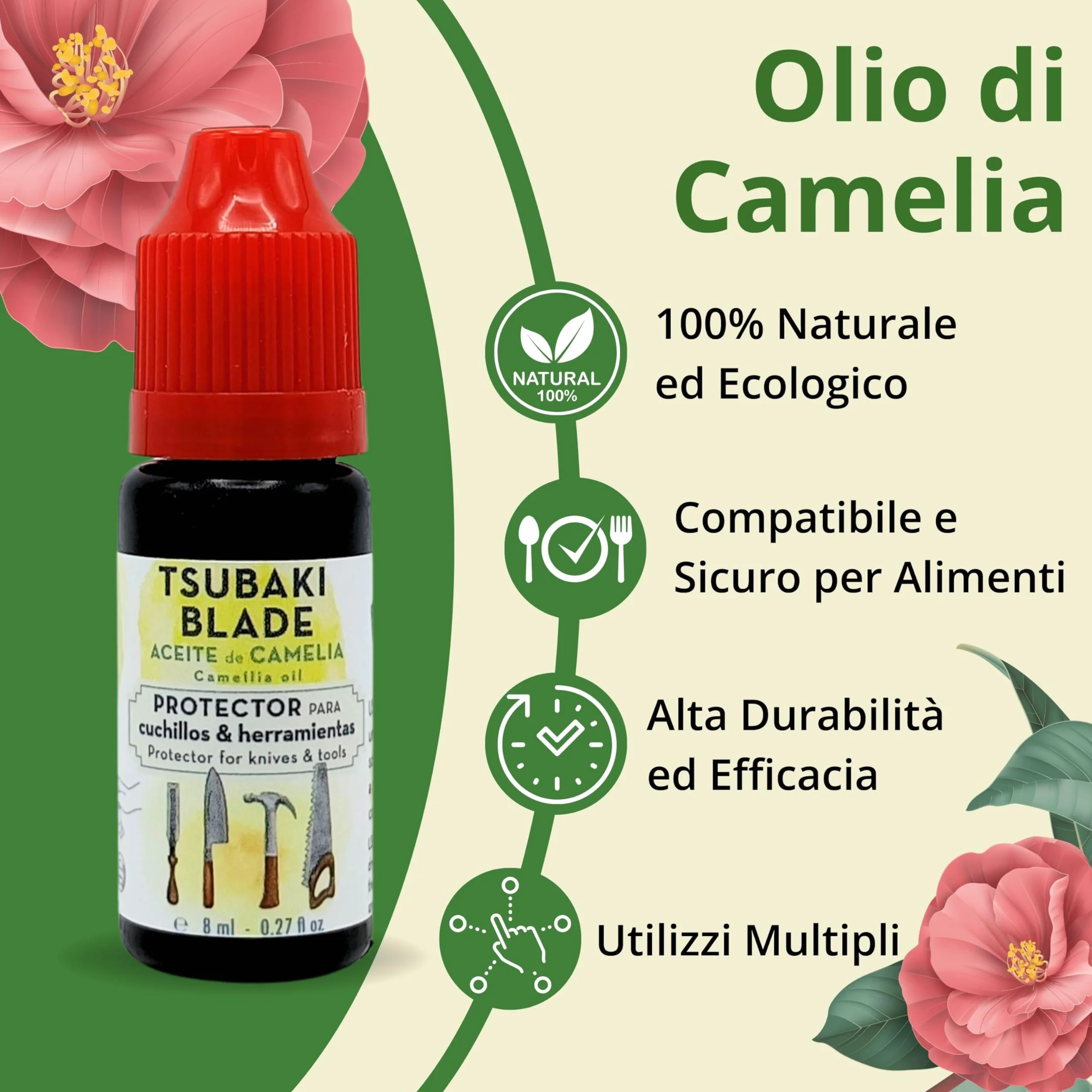 Tsubaki Olio di Camellia per Coltelli e Strumenti Protettore Antiossidante Lubrificante Naturale 100% Puro