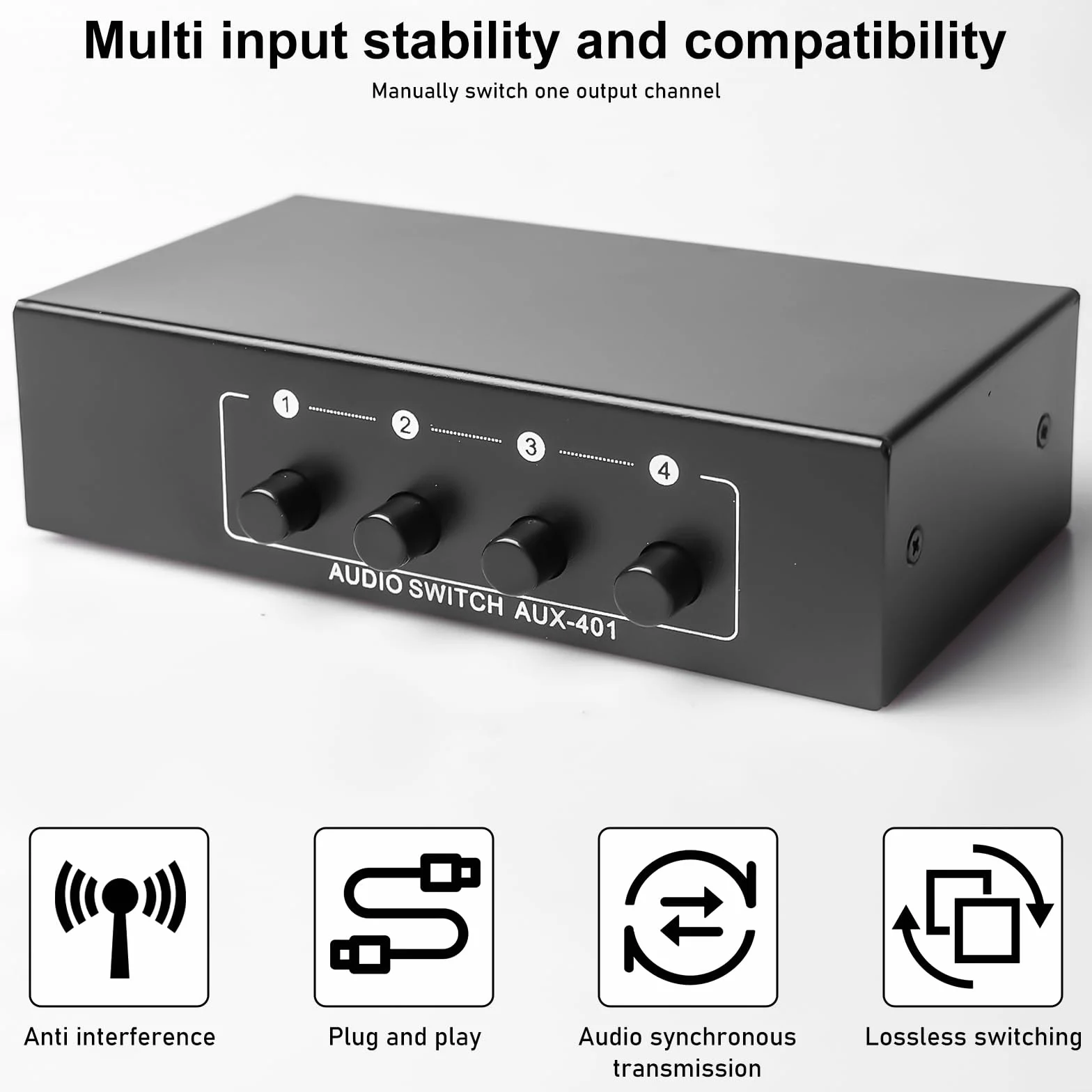 Aicharynic Interruttore Audio 4 in 1 out, Commutatore Audio 3,5 Mm Aux + RCA L/R, Interruttore Audio Bidirezionale, Scatola di Selezione Audio, Splitter Audio Video per Cuffie
