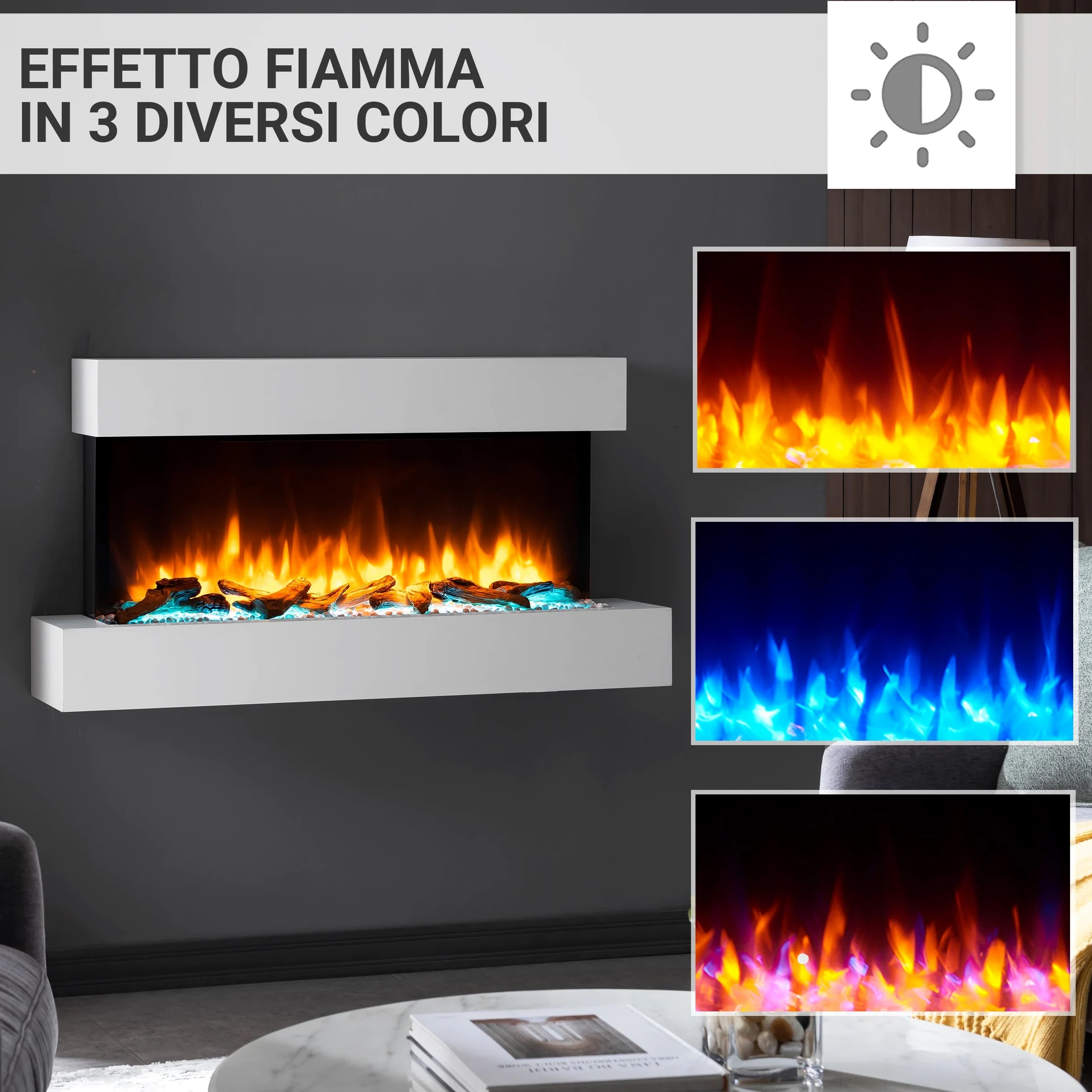 BALDERIA Camino Elettrico da Parete | Caminetto con Effetto Fiamma 3D | Riscaldamento 2000 W | Focolare Sospeso con Telecomando, Timer, Termostato | Bianco