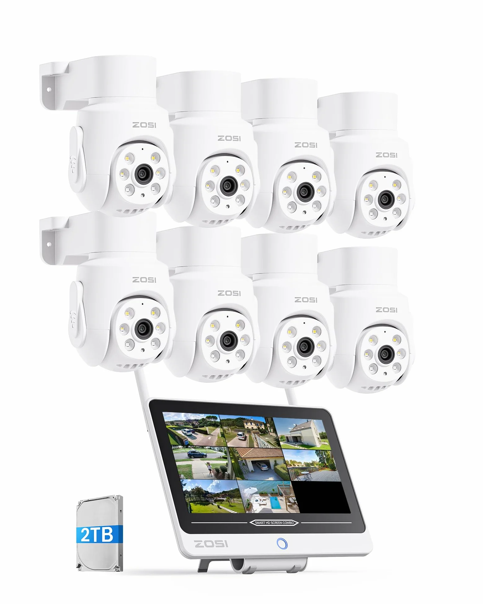 ZOSI 5MP Telecamera di Sorveglianza per Esterno, 8CH 2TB NVR con 12” Monitor, 8x Telecamera WiFi 6 Pan &Tilt, Audio a 2 Vie, Rilevamento Persone AI, Visione Notturna a Colori, C280