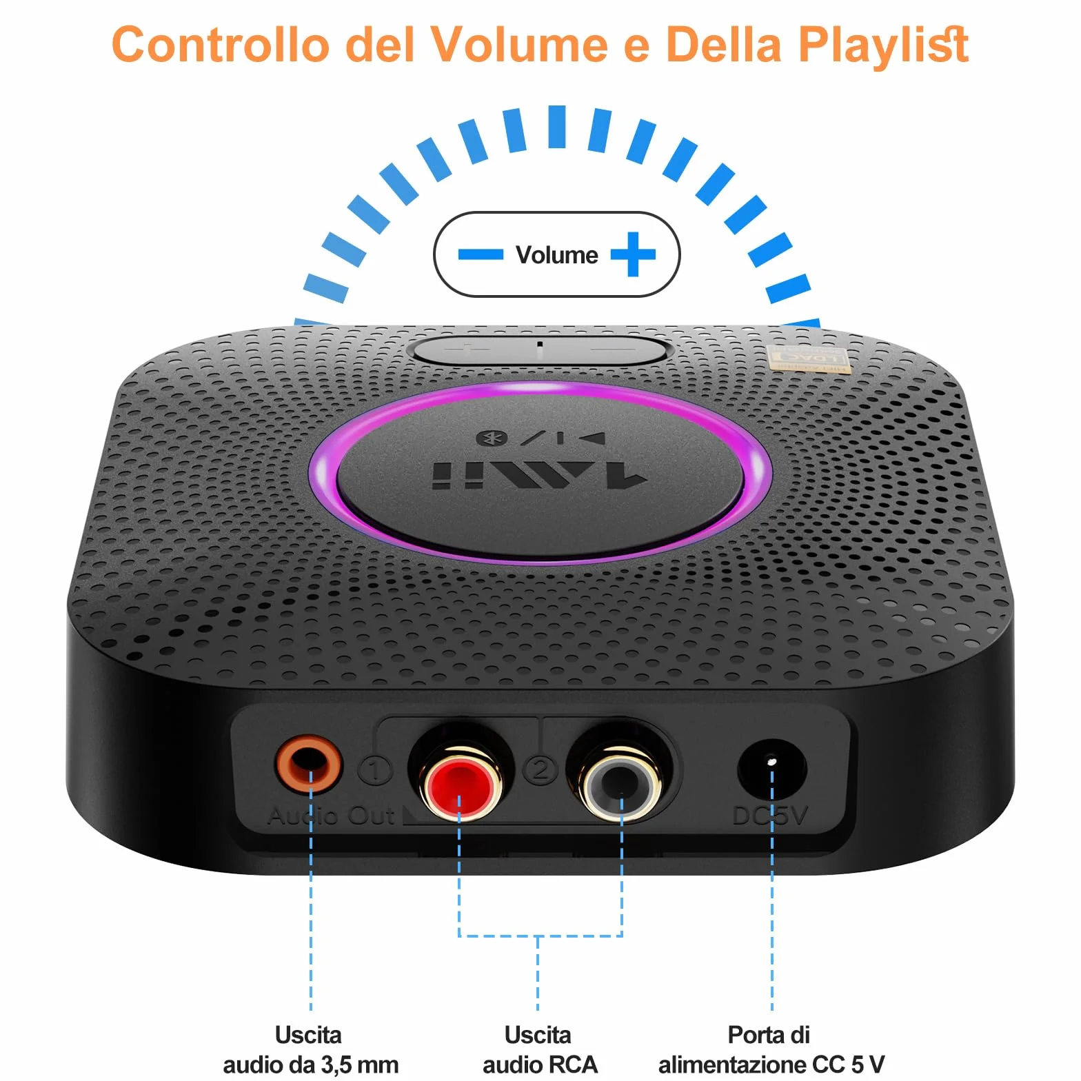 1Mii B06S+ Ricevitore Bluetooth 5.2 HiFi, Hi-Res LDAC Adattatore Audio Bluetooth con Jack AUX 3.5mm e RCA, aptX Bassa Latenza, 100ft Lungo Raggio Ricevitore con Controllo Volume per Home Audio/PC