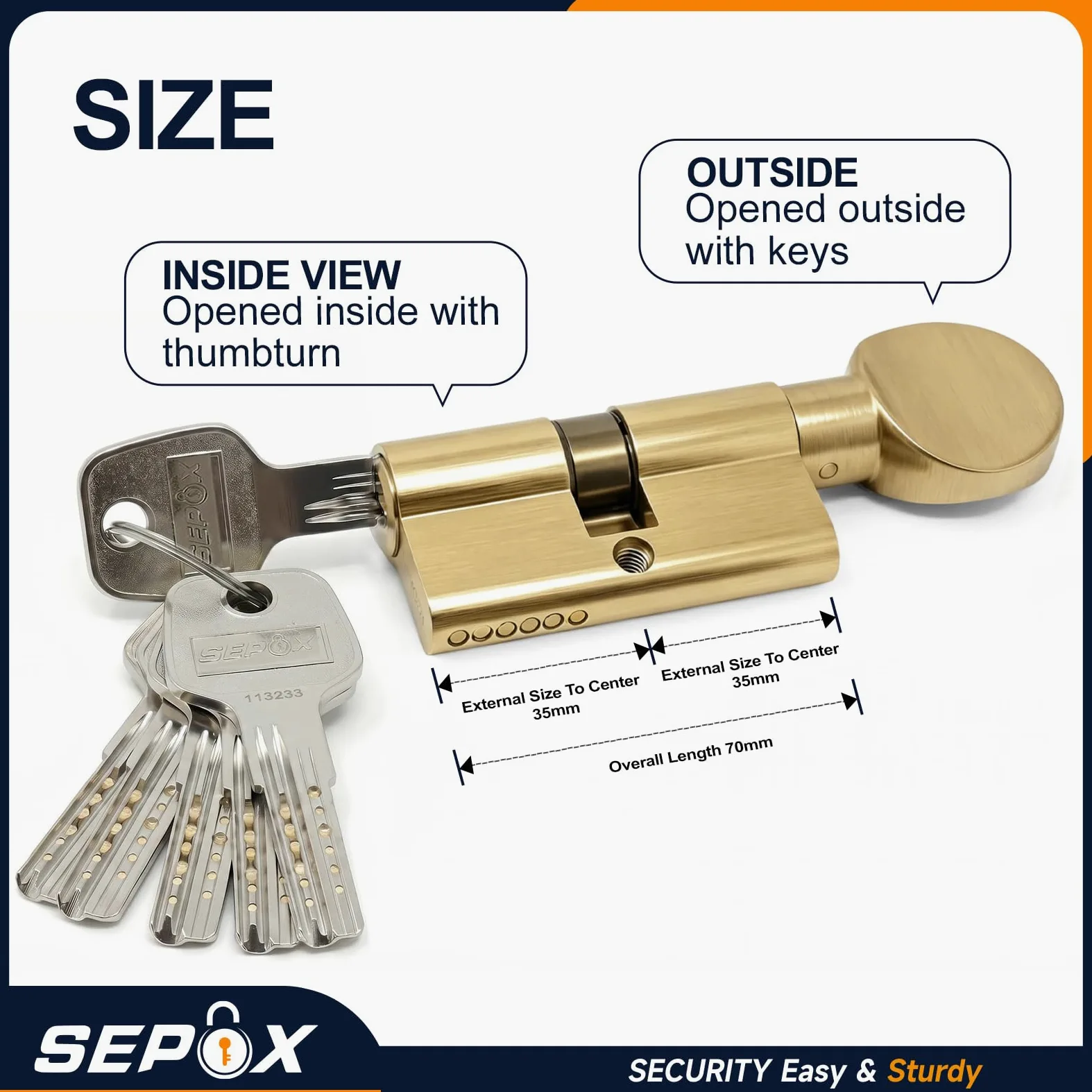 SEPOX Cilindro europeo per porta, con 2 cilindri europei e 1 giro a pollice, placcato in ottone, 70 mm, con stesse chiavi, ad alta sicurezza, chiave al computer