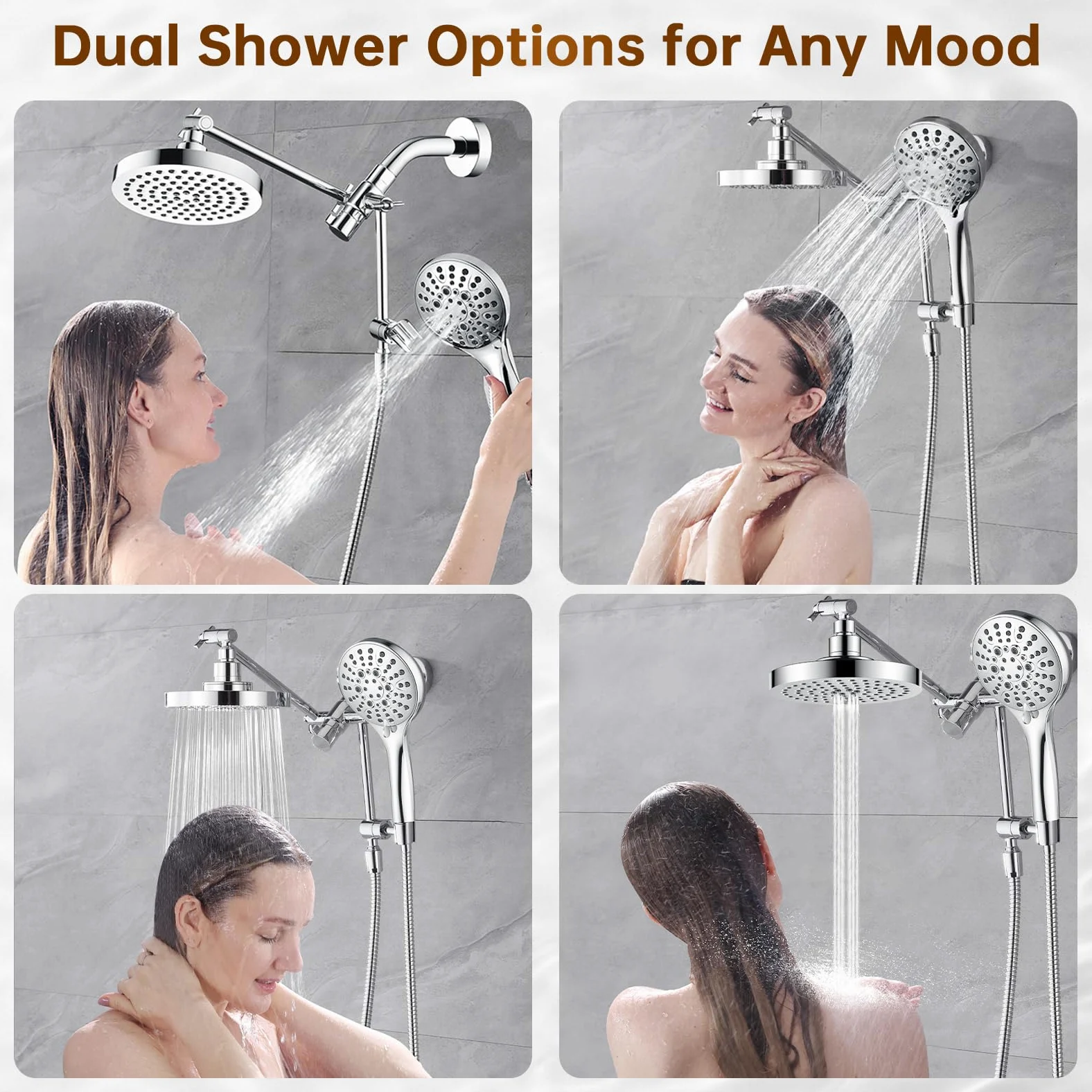 BRIGHT SHOWERS Soffione doccia a pioggia con doccetta integrata, doppio soffione ad alta pressione con braccio di estensione regolabile in altezza, deviatore a 3 vie, 9 impostazioni palmare, tubo