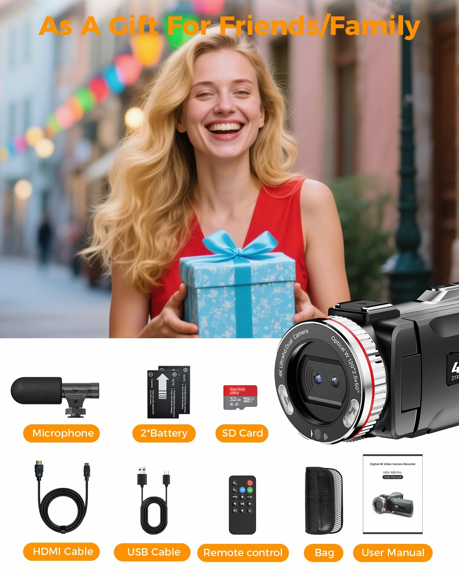 Videocamera 4K 48MP Camcorder per YouTube, 21X Zoom Digitale Videocamere, Schermo Rotante 270° 3" Vlog Camera, Video Camera con Scheda TF da 32 GB, Cavo HDMI, Mic, Telecomando, 2 Batterie
