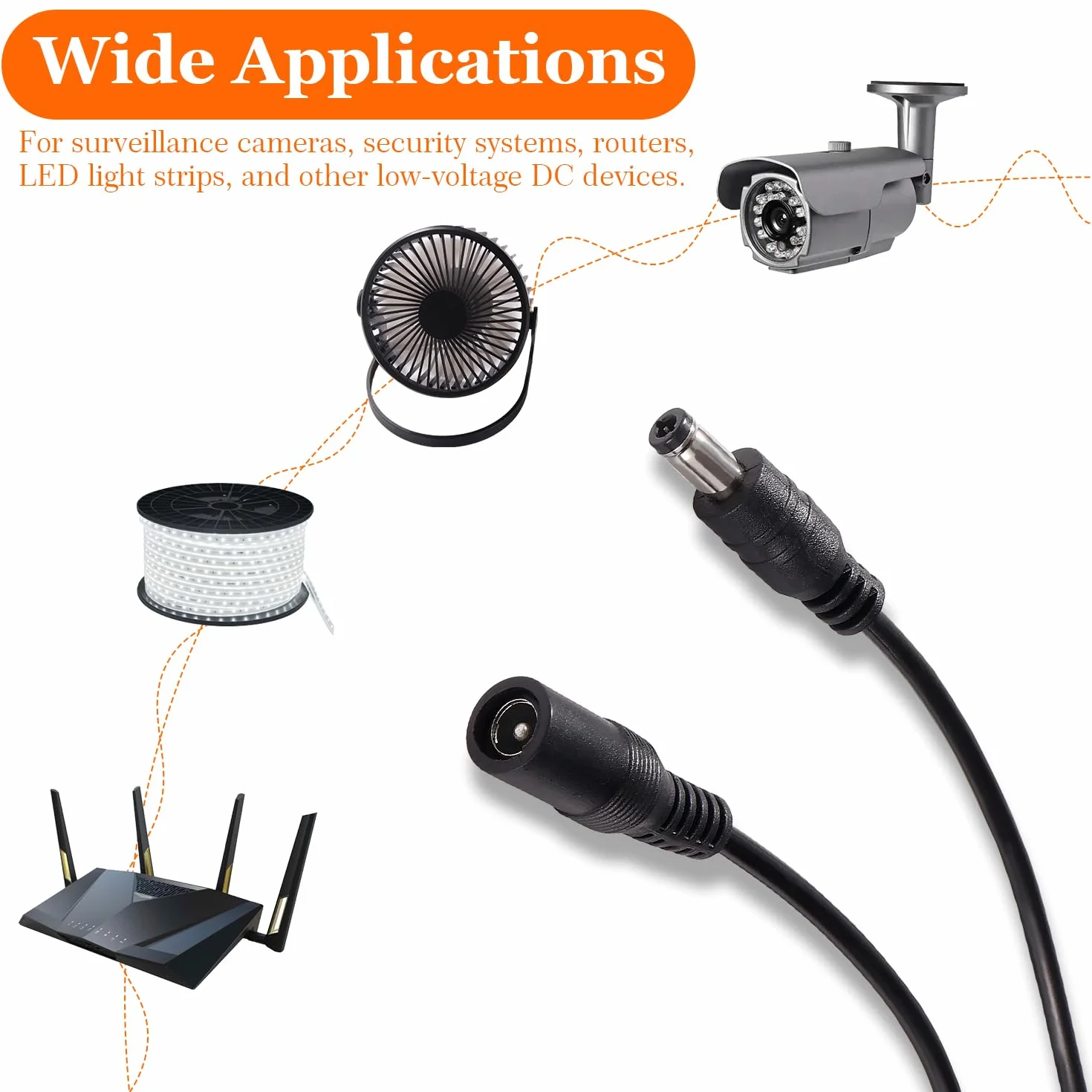 2 Pezzi 2m 5.5x2.1 mm 24V 12V Cavi di Prolunga per Alimentazione DC, DC Cavo Estensione Maschio a Femmina 22AWG, per Telecamera Sicurezza CCTV, DVR, Nero