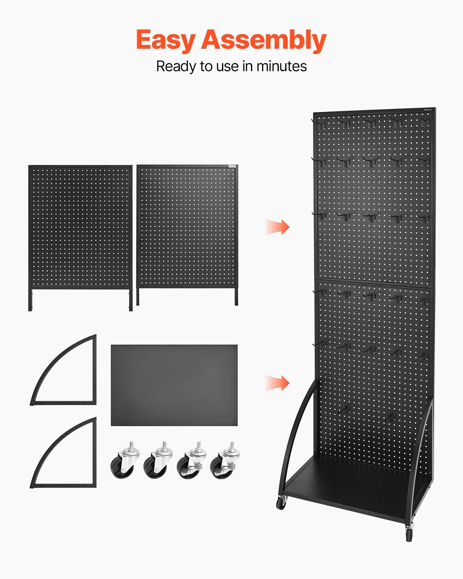 VEVOR Espositore per Pannello Forato 600 x 1770 mm con Ruote e Ganci, Acciaio Laminato a Freddo, Nero