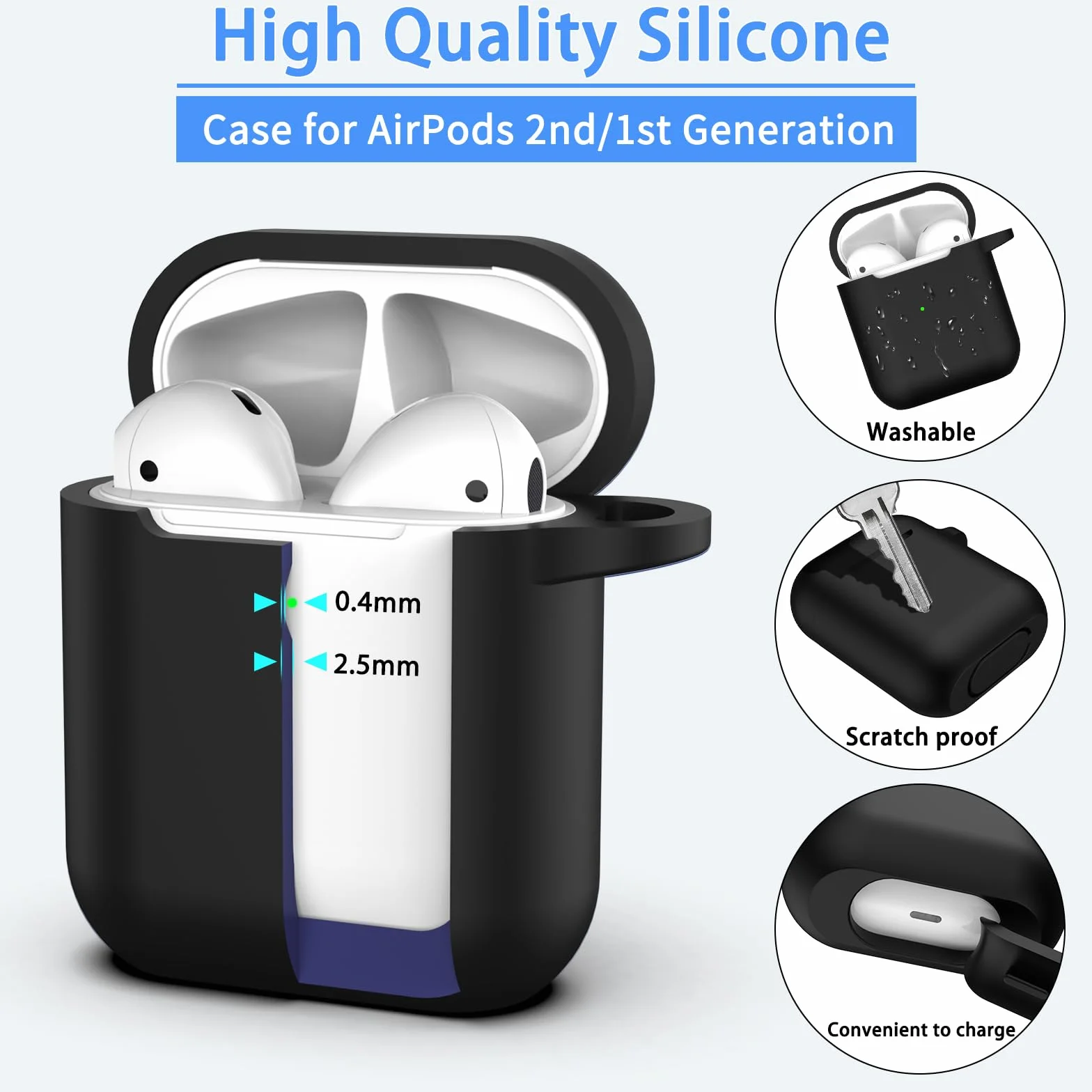 Custodia per Airpods 1a/2a generazione (2016/2019),Custodia protettiva in morbido silicone per Airpods 1a/2a con LED visibile sulla parte anteriore,con kit di pulizia,Nero