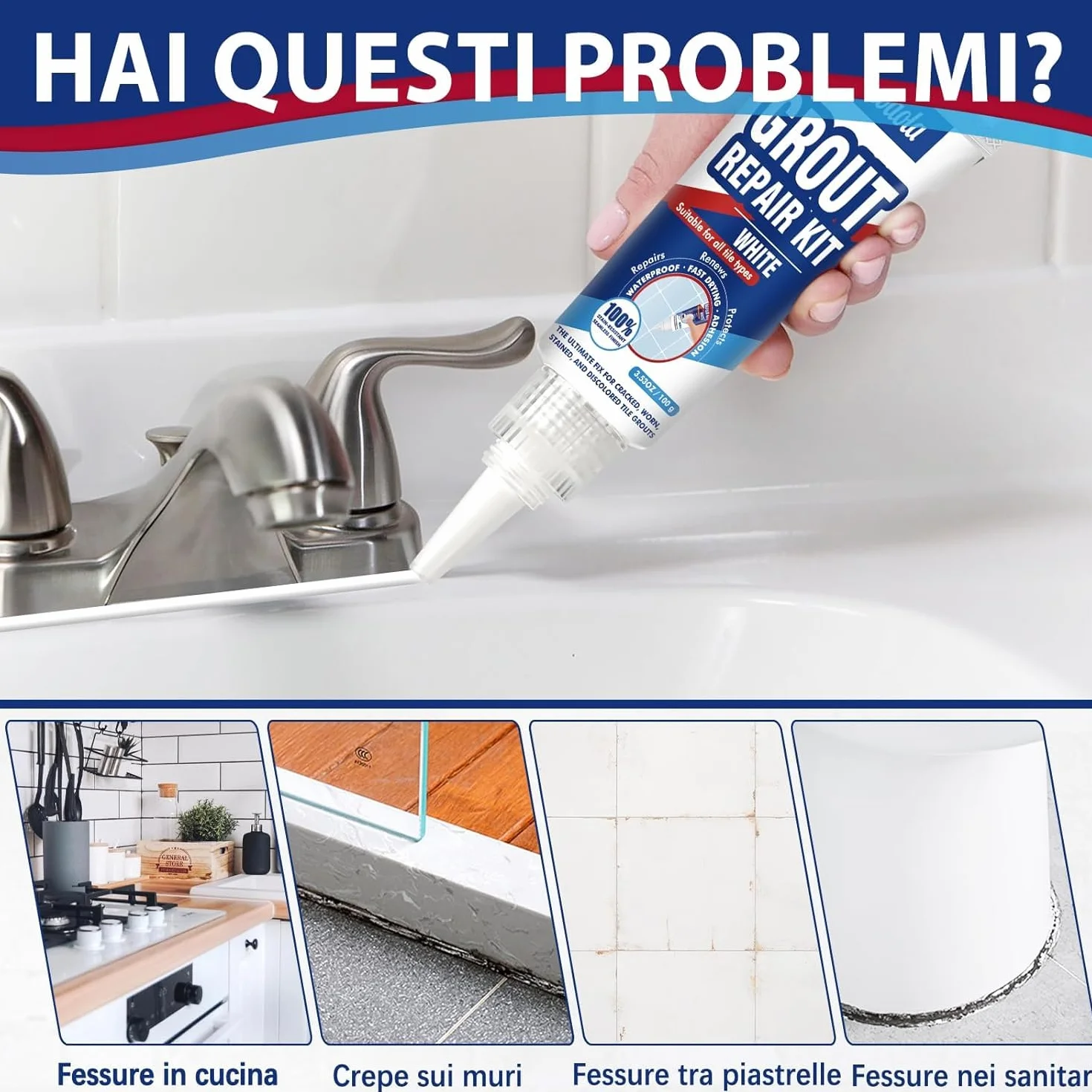 Riparazione Fughe Piastrelle Bianco, 2 Pack Kit Stucco per Piastrelle Bagno Doccia Pavimenti Pareti Cucina, Asciugatura Rapida