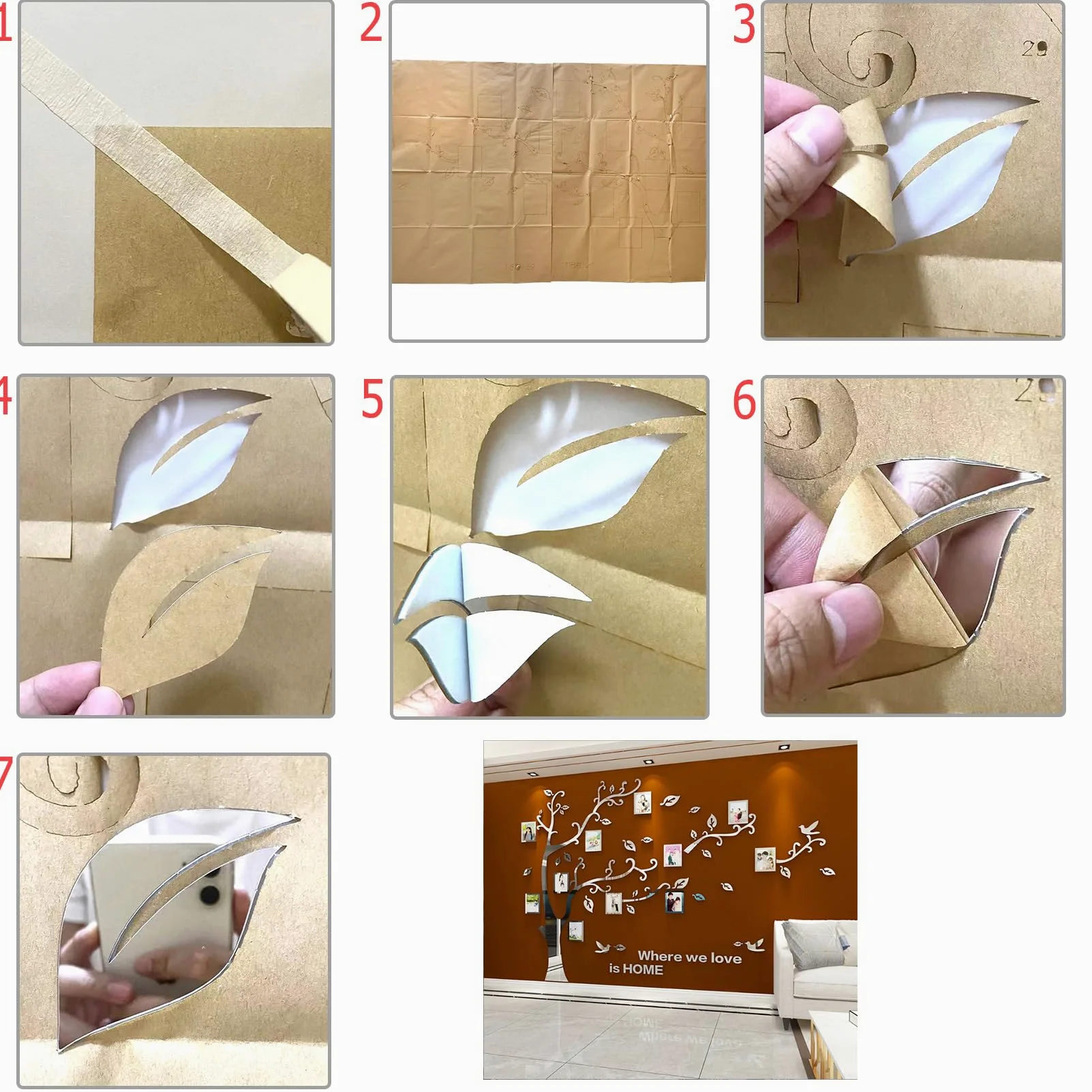 Grande 3D Albero Adesivo Muro Wall Stickers, DIY Cornici per Foto Adesivi Murali per Camera da Letto Soggiorno Ufficio Divano TV Decorazione Parete Cucina (Specchio Argento Sinistro, L)