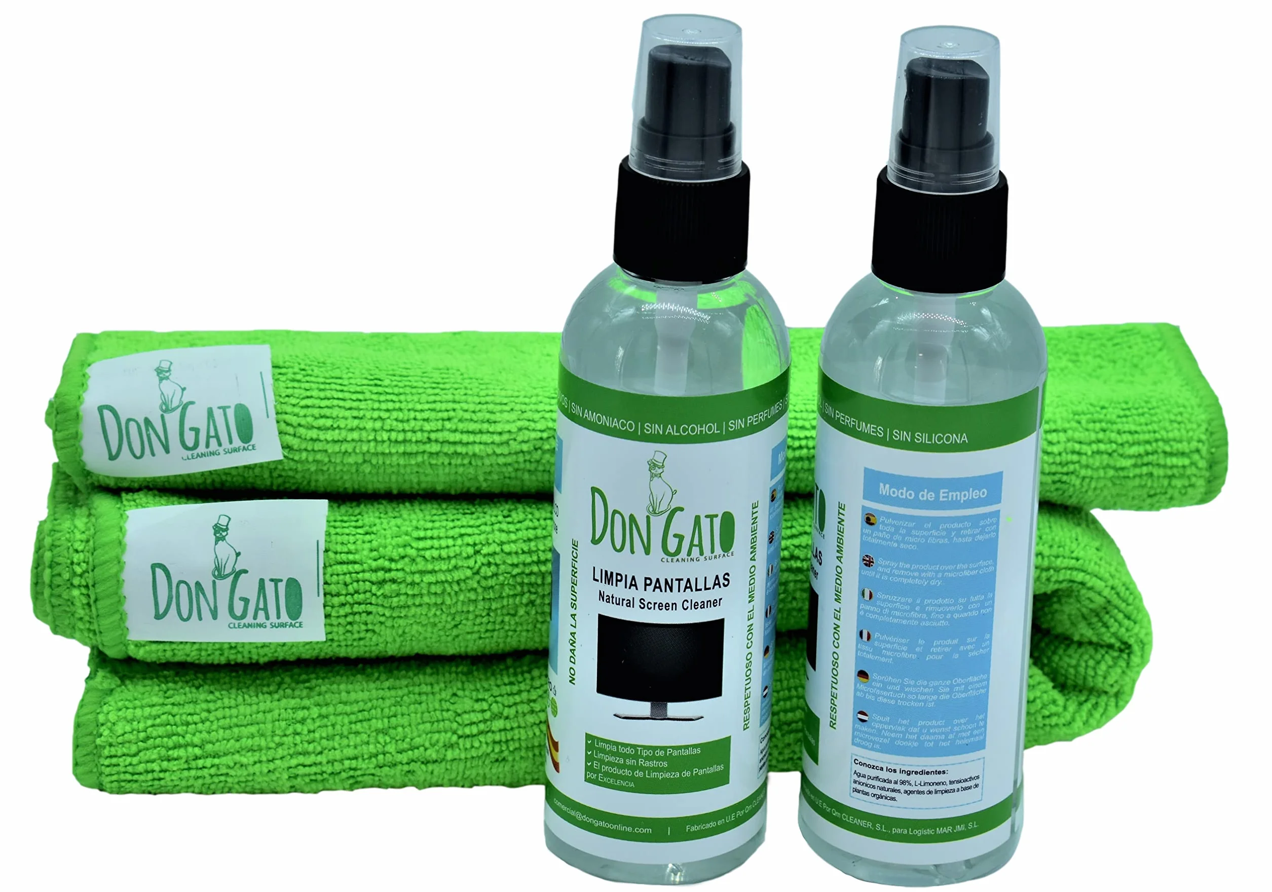 Don Gato – pulizia dello schermo (100ml x 2) + 2 panno in microfibra per TV, Tablet, Computer portatile, LCD, LED, telefono cellulare. Prodotti naturali e rispettoso dell'ambiente.