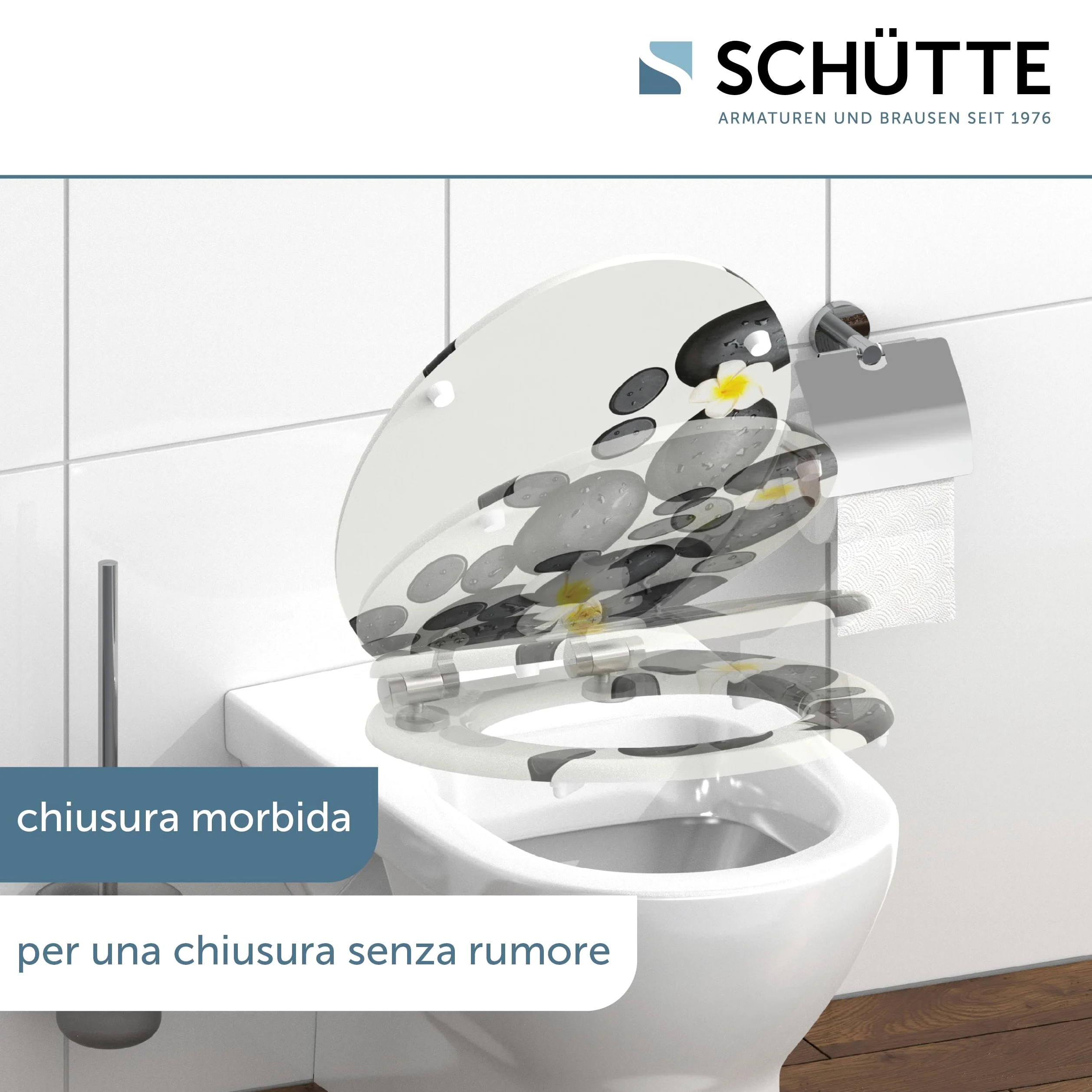 SCHÜTTE Tavoletta WC chiusura ammortizzata legno | Copriwater universali globo | Coperchio Water MDF | Sedile WC Universale | Asse Water | Fino a 250 kg | STONES