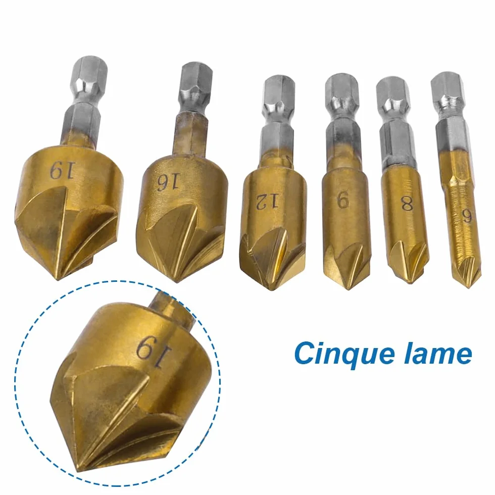 Svasatore Conico HSS Titanio Rivestito Codolo Esagonale Alesatore Fori 6-19 mm 6 Pezzi