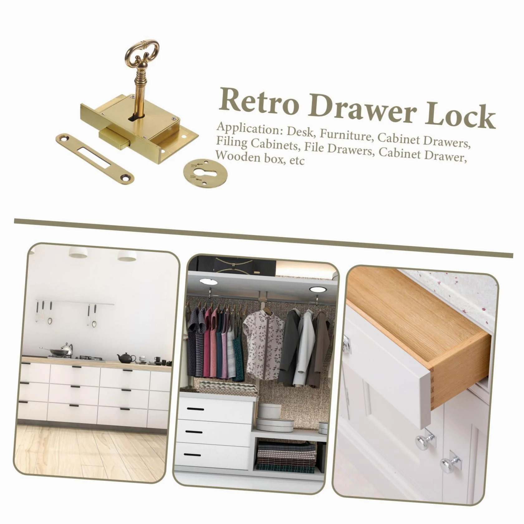 Serratura per Cassetto Vintage in Ottone, Set 1 Pezzo, Oro | Serratura Cassetto Scrivania per Legno, Chiusura Precisa e Sicura, per Cassetti e Scatola in Legno