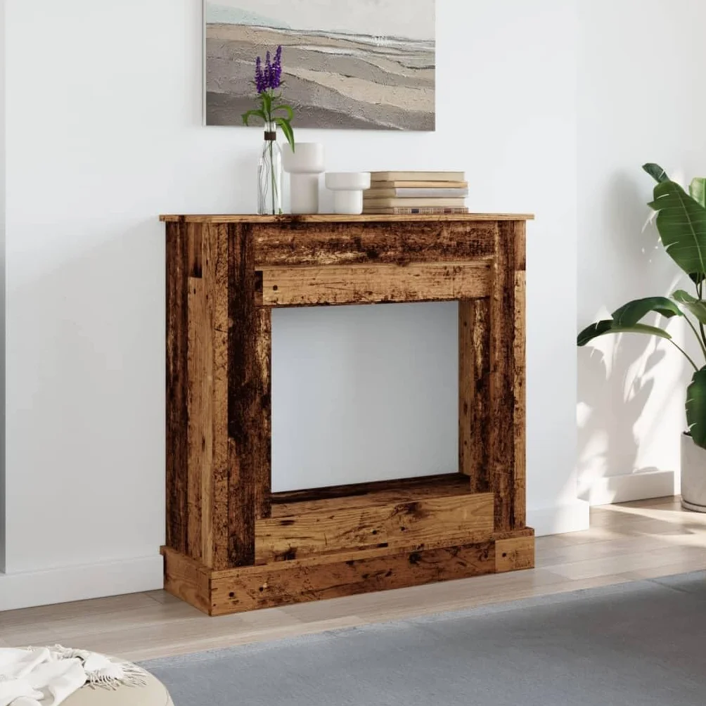 Cornice per Camino Design Rustico 90x30x90 cm Truciolato Legno Antico Supporto Fiamma LED