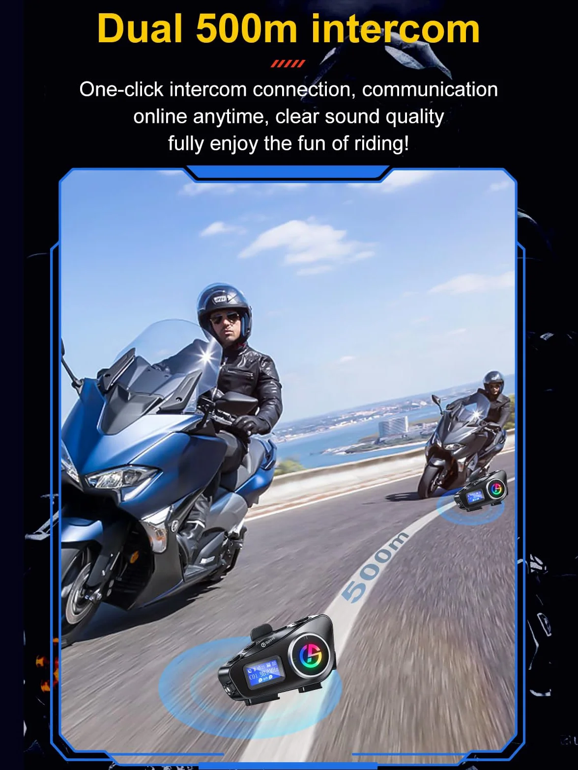C1 Interfono Bluetooth per Casco Moto, Interfono Moto 500m con Condivisione Musica, Radio FM, Slot Micro SD, Batteria 1000mAh - Compatibile con Diversi Tipi di Casco