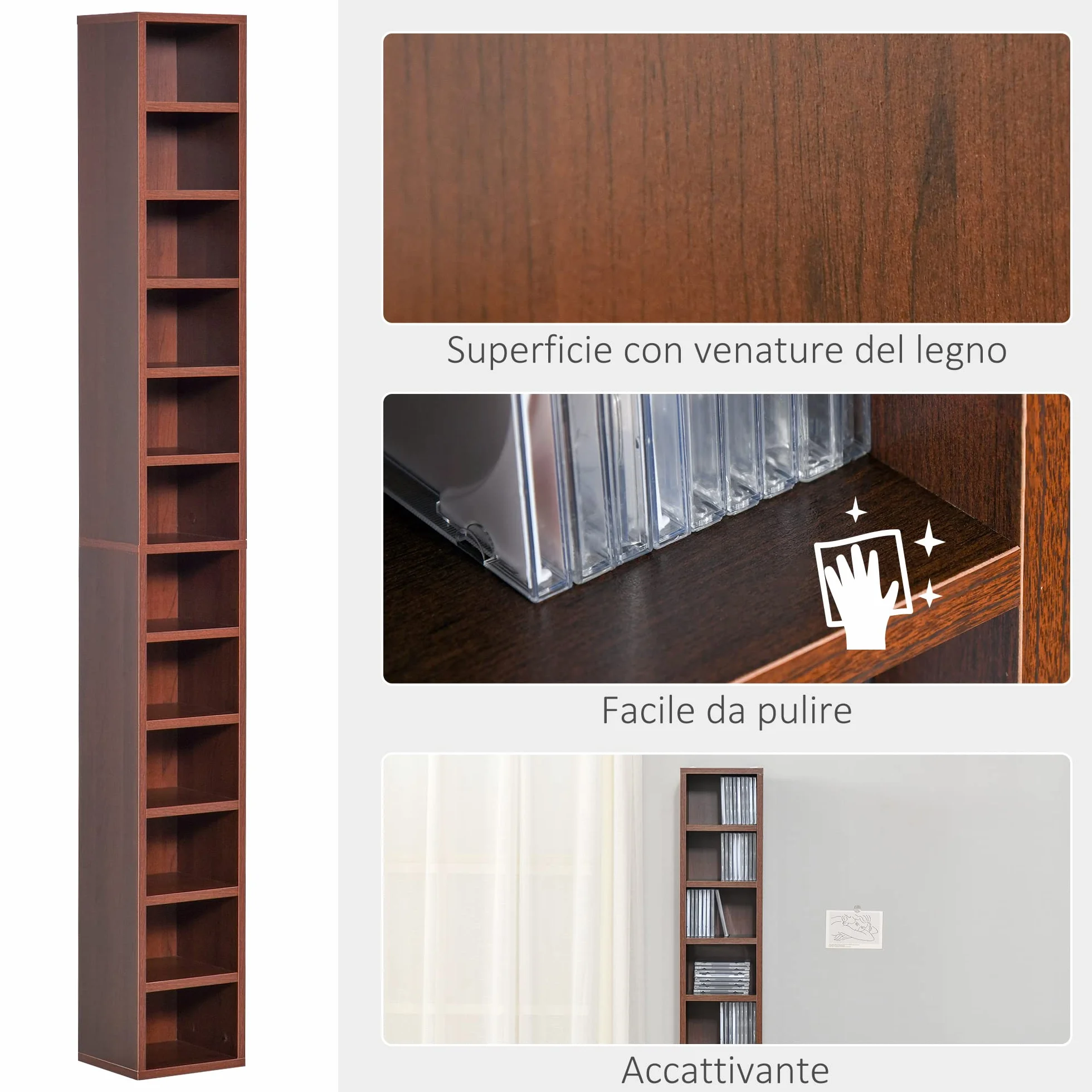 HOMCOM Mobiletto porta CD da Parete con Mensole semplice elegante funzionale in Legno mobile marrone 21 x 20 x 175cm