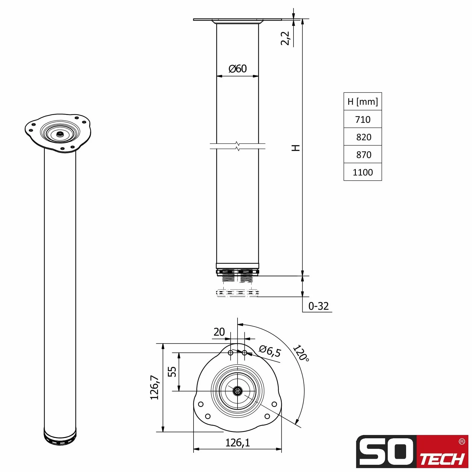 SOTECH Set da 4 Gambe da Tavolo Altezza Regolabile 710 mm Ø 60 mm Nero Portata 75 kg