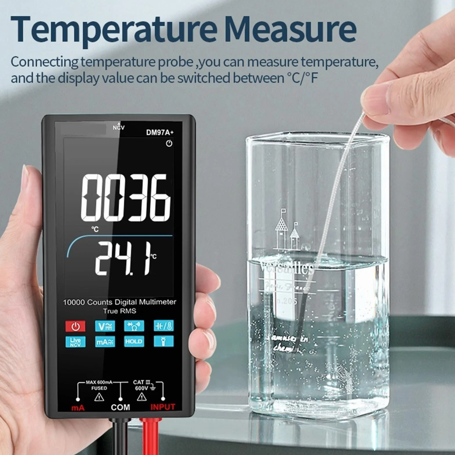 Multimetro con schermo a colori da 10000 conteggi, misurazione della temperatura, multimetro intelligente, multimetro digitale a vero valore RMS NCV, misuratore di tensione(DM97A color)