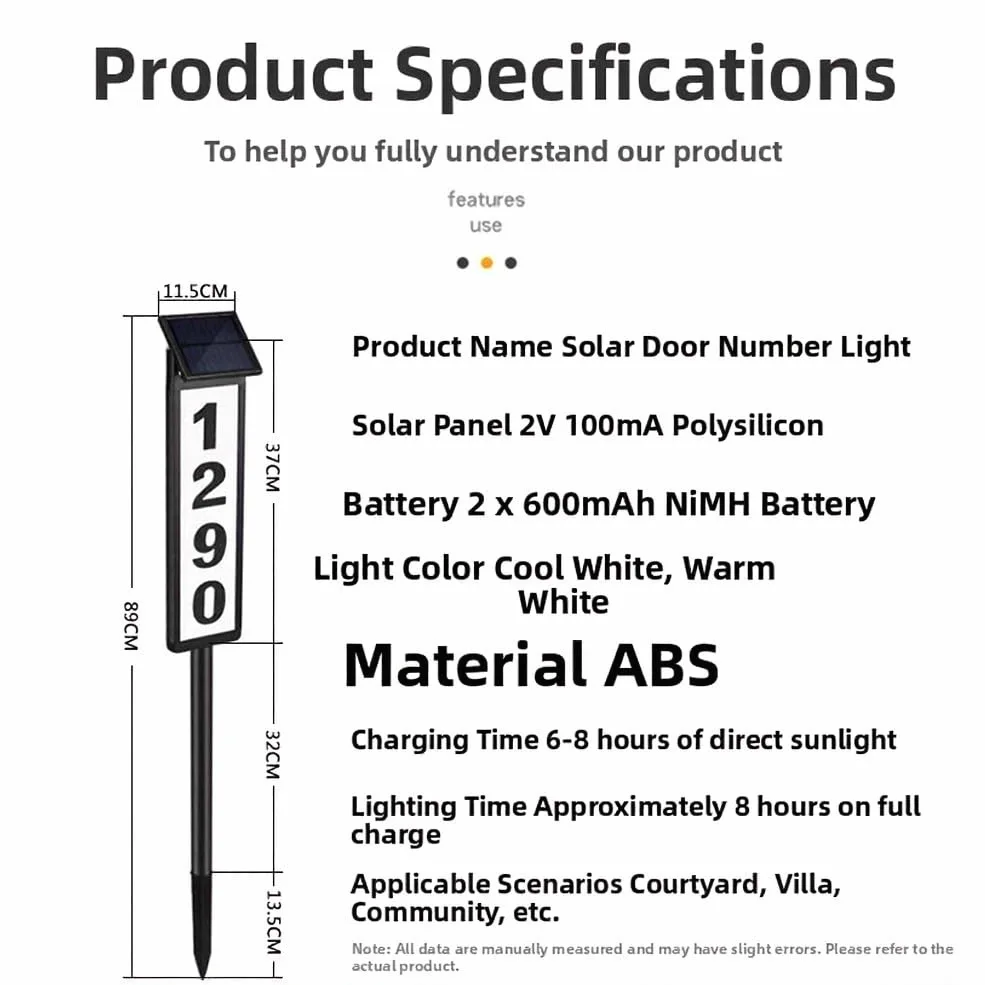 Targa solare a LED con numero civico impermeabile, altezza 102 cm, con picchetto, 3 temperature di colore, altezza regolabile, doppio pannello solare per esterni, giardino, vialetto, bianco, set di