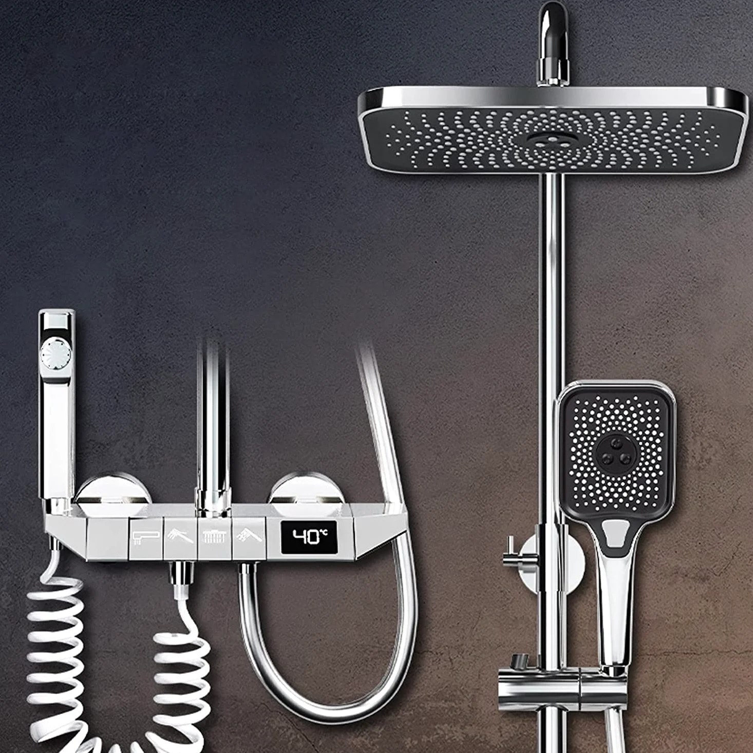Set di rubinetti termostatici per Doccia, soffione a Pioggia con doccetta, Set di rubinetti a Parete Completi, Set a Vista con Doppia Testa, beccuccio per Vasca e Bidet a Mano