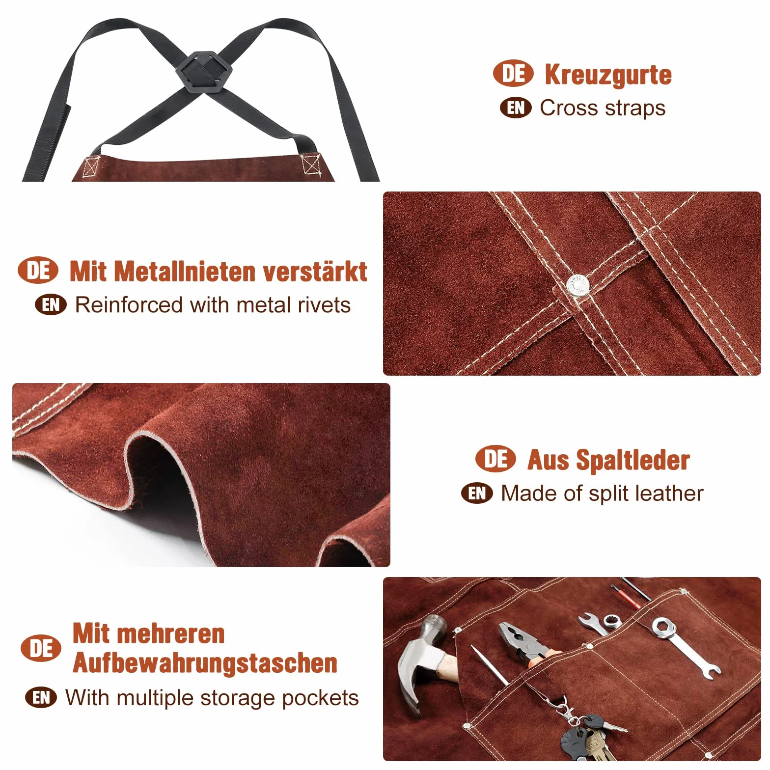 Yorbay Grembiule da Saldatura in Pelle con 5 Tasche e Spalline Regolabili, Resistente al Calore Ritardante di Fiamma Grembiuli per Utensili, per Fabbro, Falegname