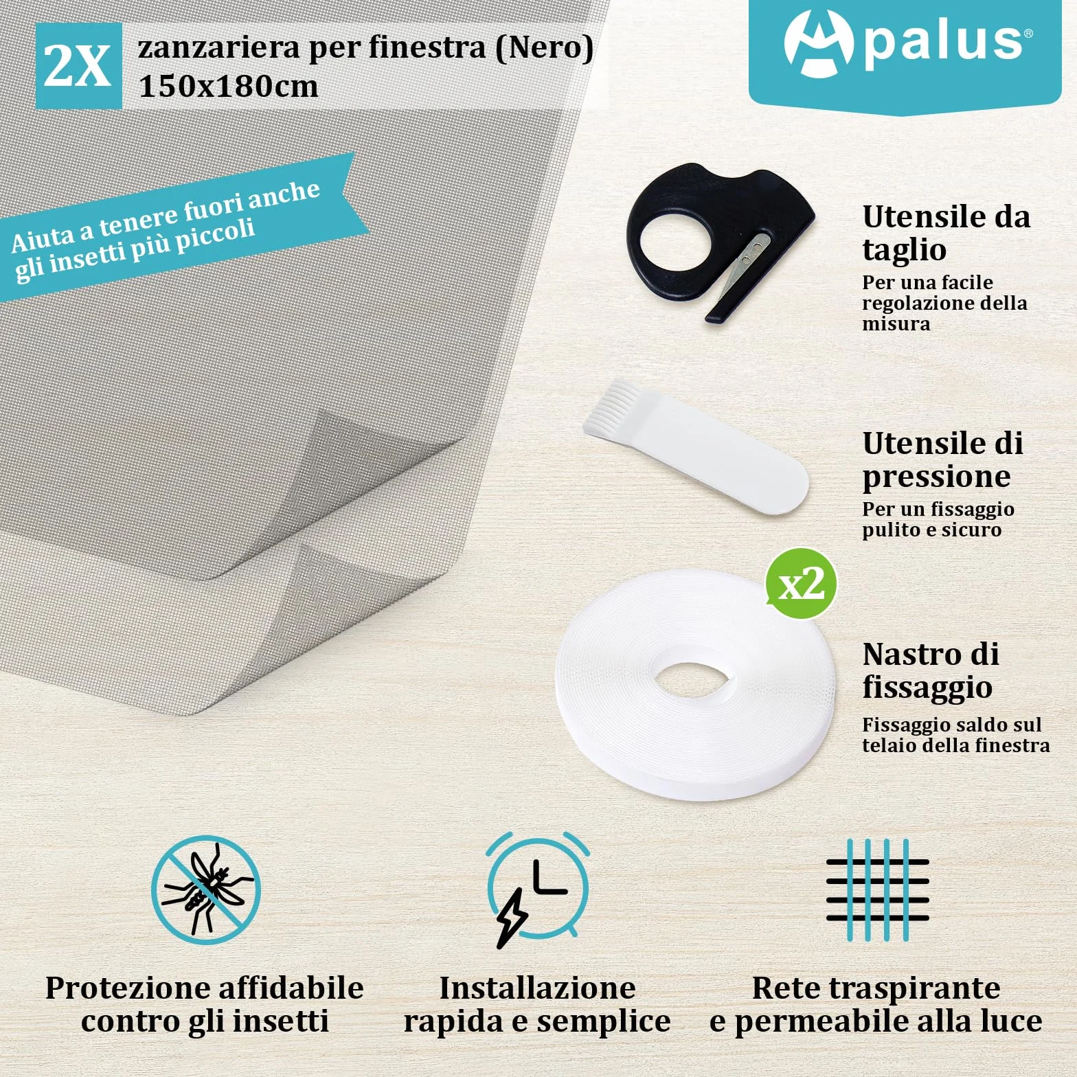 Apalus Zanzariera Universale Finestra 150 x 180 cm Set 2 Pezzi Rete Regolabile Nera