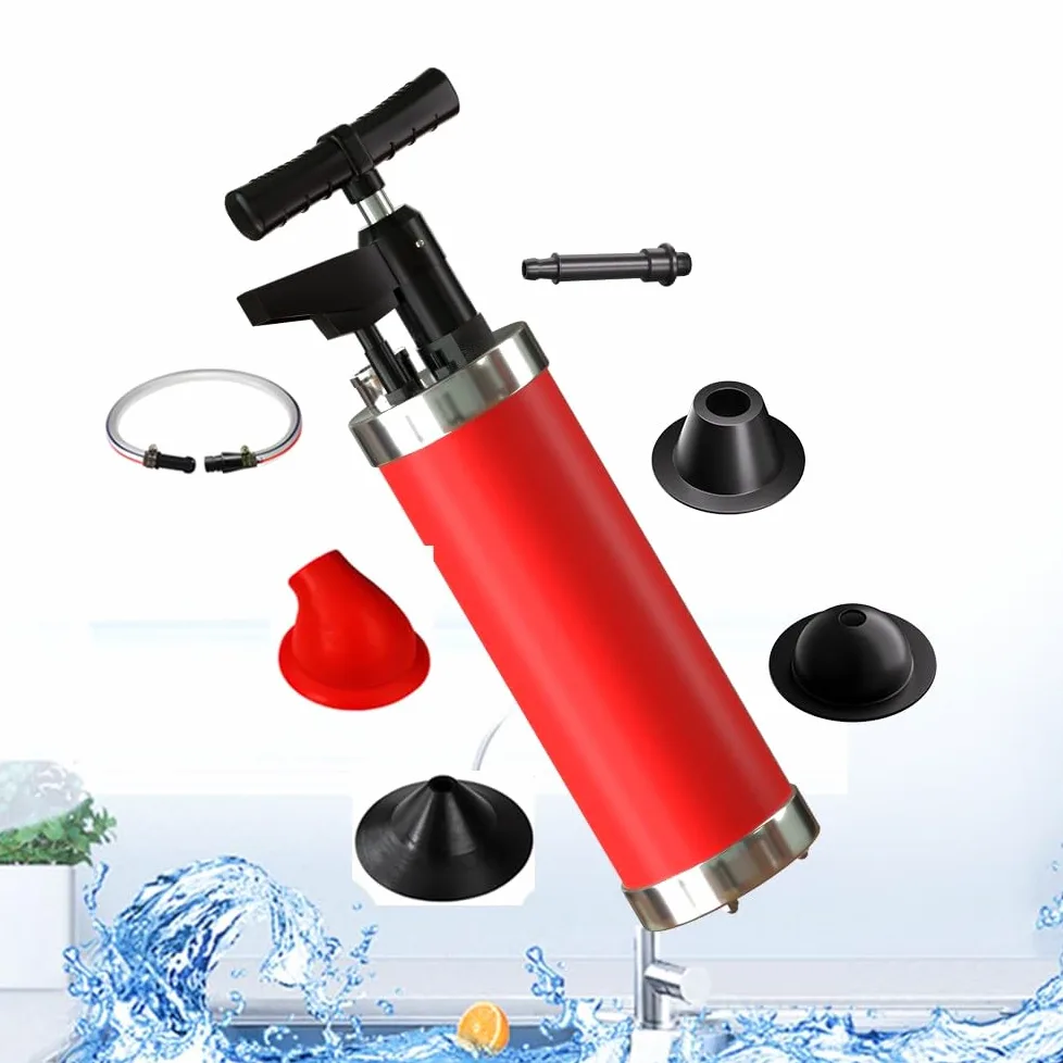 Stura WC con 4 Adattatori per Lavandino, Pompa Stura Scarichi a Pressione con Manometro, Sturalavandino ad Aria Compressa, per WC, lavandino, Vasca da Bagno