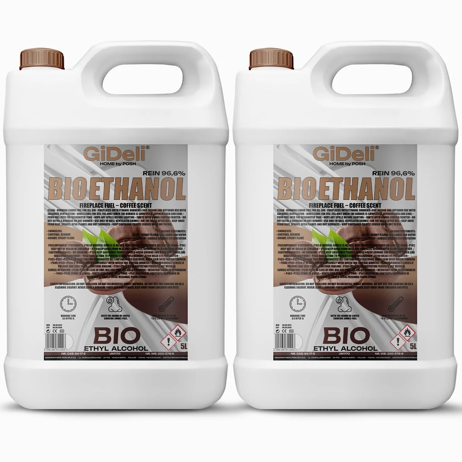 GiDeli Bioetanolo 2 x 5 l profumo di caffè 96,6% etanolo per camini interni ed esterni, senza fumo e fuliggine, da mais e barbabietola da zucchero