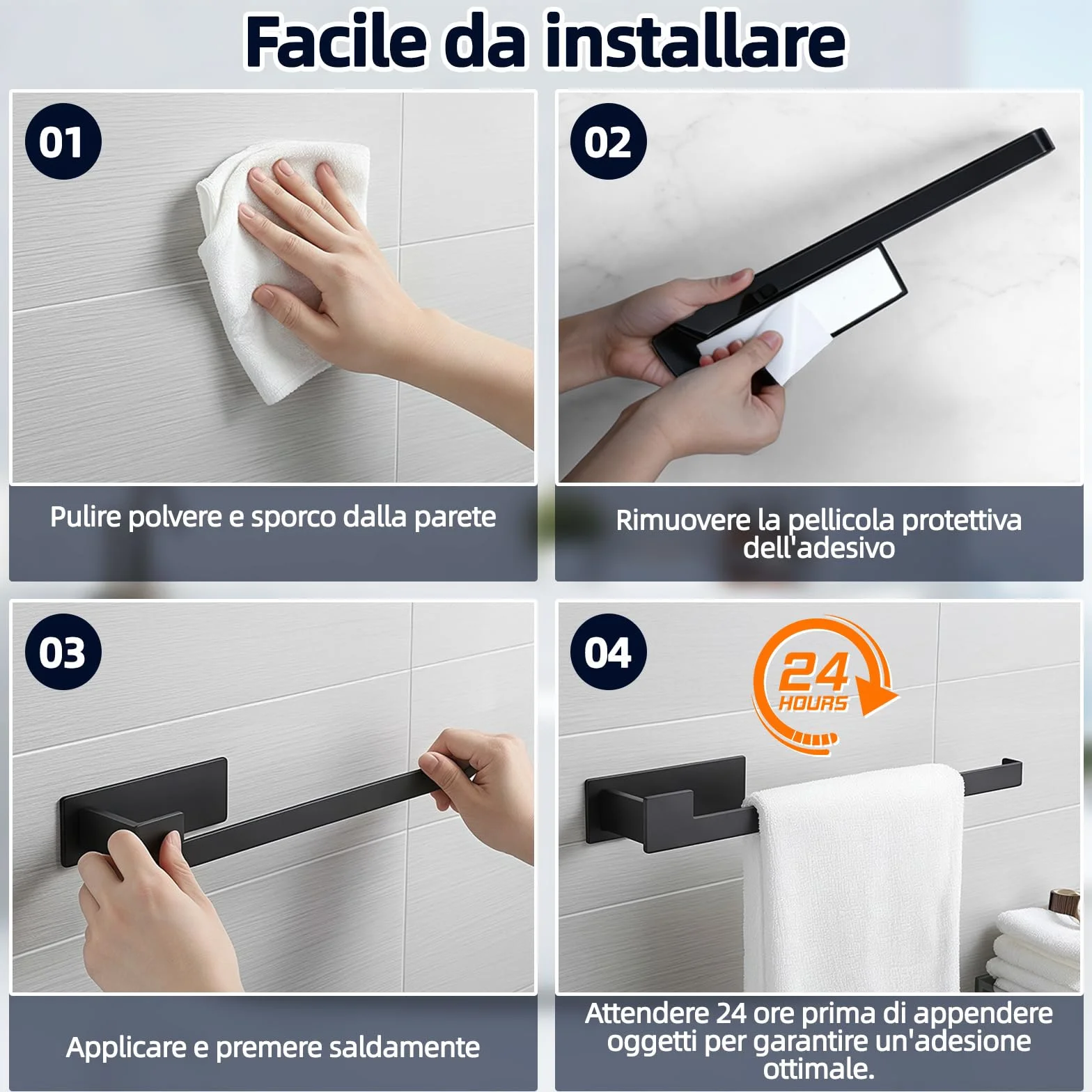Portasciugamani da Parete 33 cm Acciaio Inox 304 Nero Opaco Adesivo Senza Fori Impermeabile per Bagno e Cucina