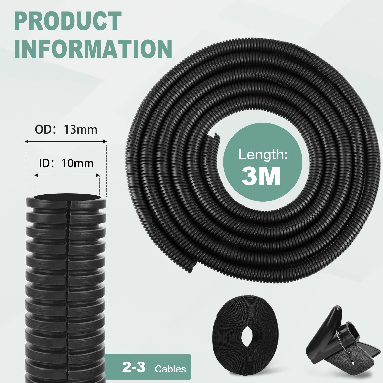 Tubo Corrugato Scanalato Flessibile Guaina per Cavi Elettrici Corrugato per Automobile, Giardino e Interrato (13mm×3m, Nero)
