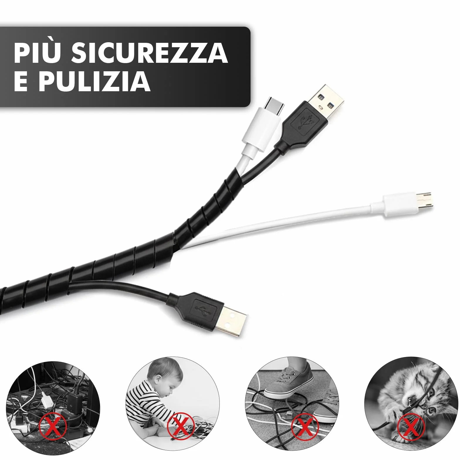 shinfly Raccogli Cavi 2×6 m (Ø 8mm+Ø 10mm), Guaina per Cavi a Spirale, Flessibil Spirale Cavi Elettrici, Guaina Spiralata per Fili TV PC, Gestione Cavi Casa e Ufficio, Colore Nero