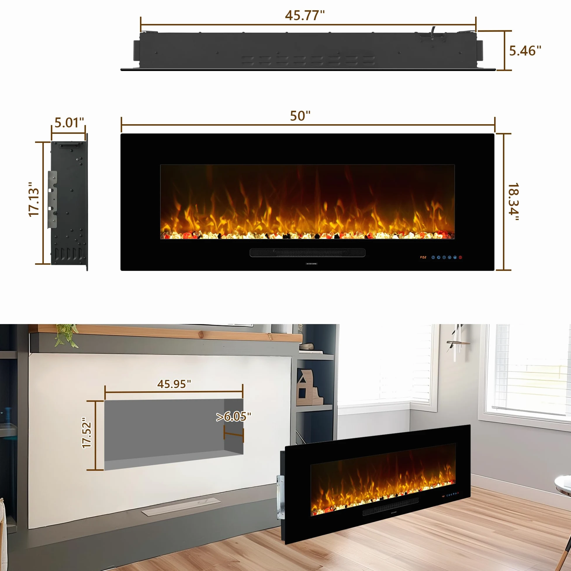 OxharkFlame - Inserto per camino elettrico da incasso, 127 cm, colore: Nero | Camino Elettrico Multicolore Fiamma, 750/1500W Termostato, Timer, Telecomando Touch Screen, Protezione Surriscaldamento