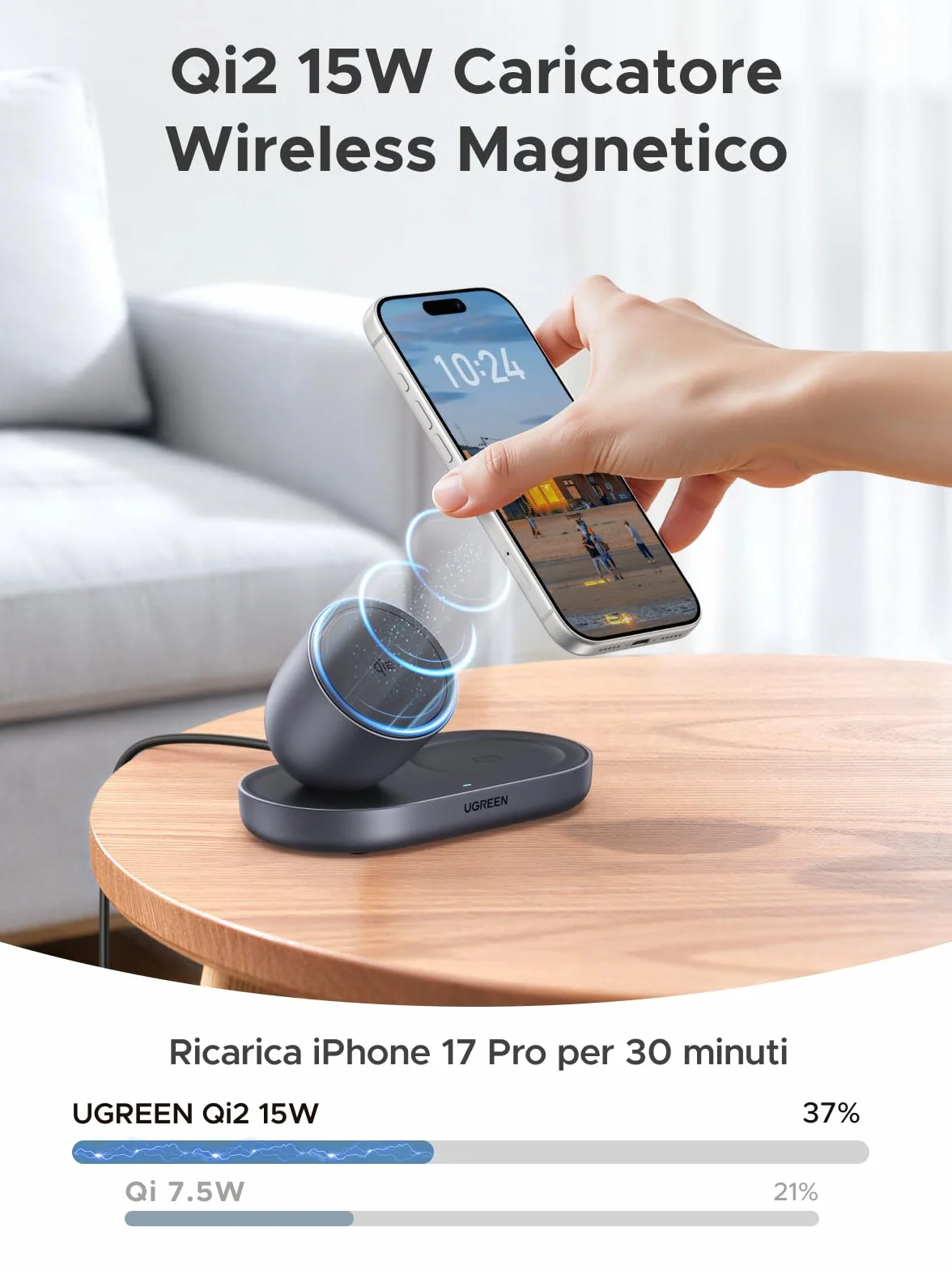 UGREEN Zapix Caricatore Wireless iPhone Magsafe Qi2 15W Certificato Compatibile con iPhone 17 16 15 14 13 12 Pro Max Plus Air AirPods, 2 in 1 Base di Ricarica Rapida Magnetica (Nero)